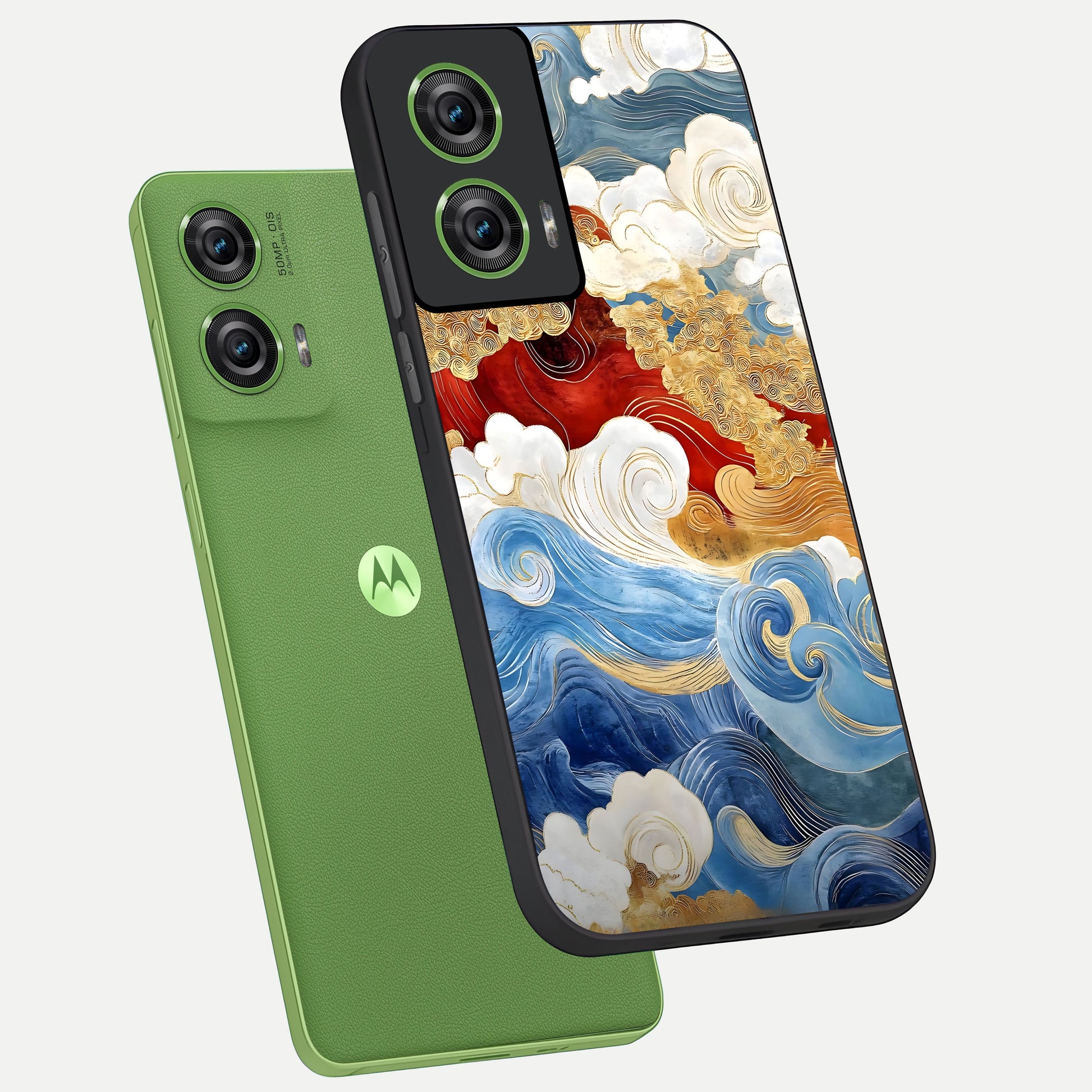  Colored Waves phone case For Moto Edge 50 Fusion showing premium glass back cover with detailed artwork