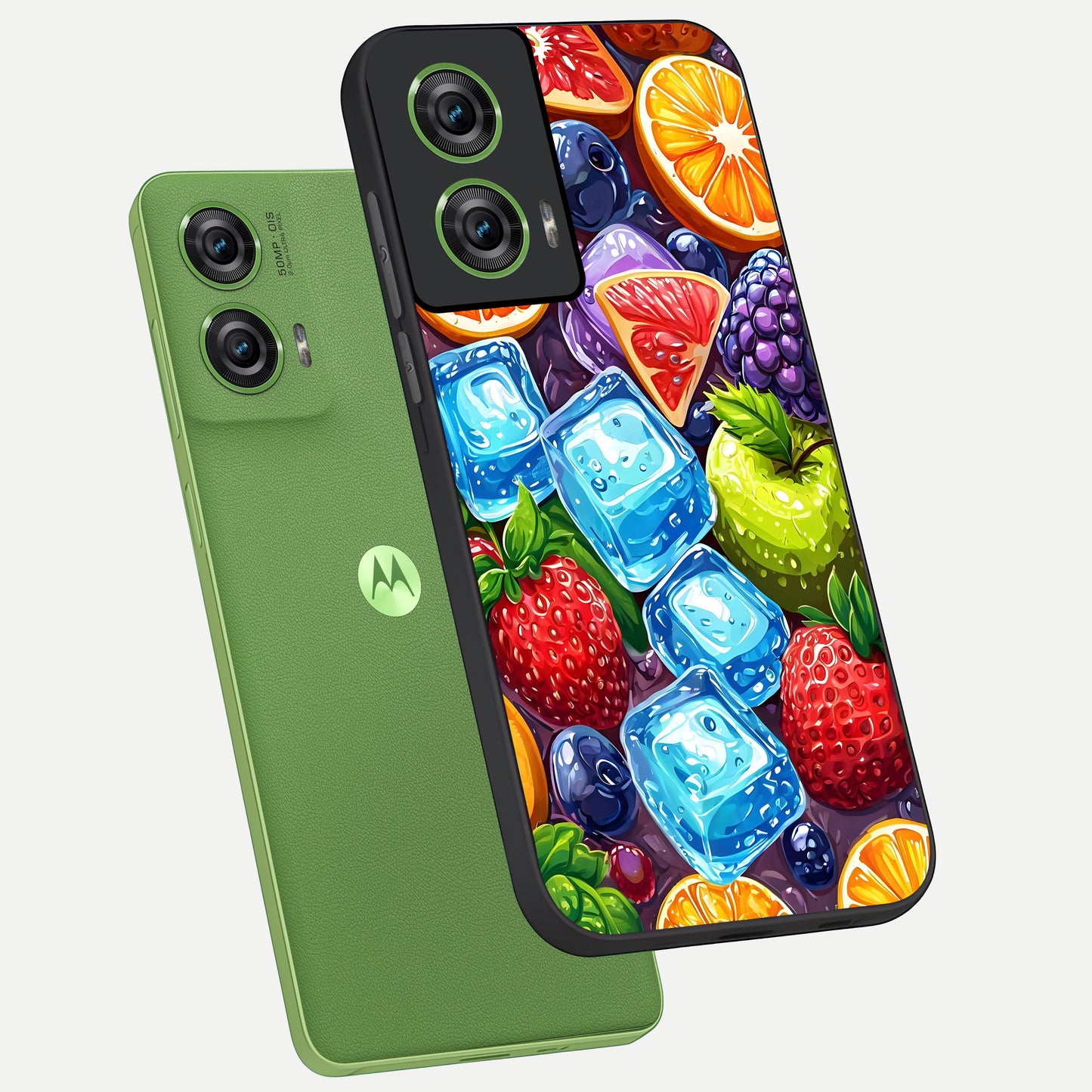  Colorful Fruits with Ice phone case For Moto Edge 50 Fusion showing premium glass back cover with detailed artwork