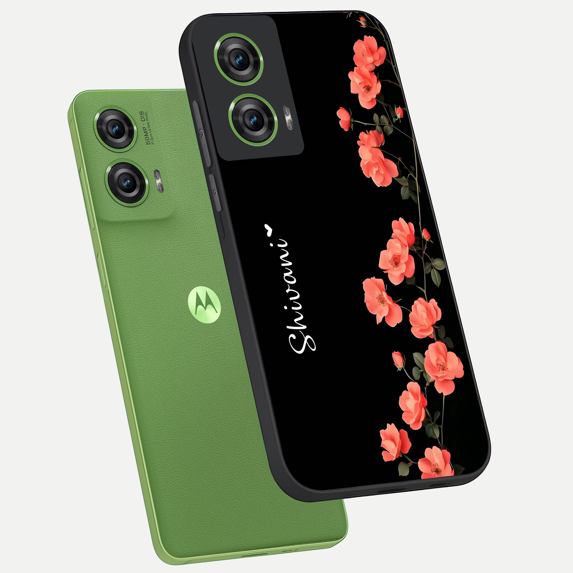  Crimson Bloom Grace Custom Name phone case For Moto Edge 50 Fusion showing premium glass back cover with detailed artwork