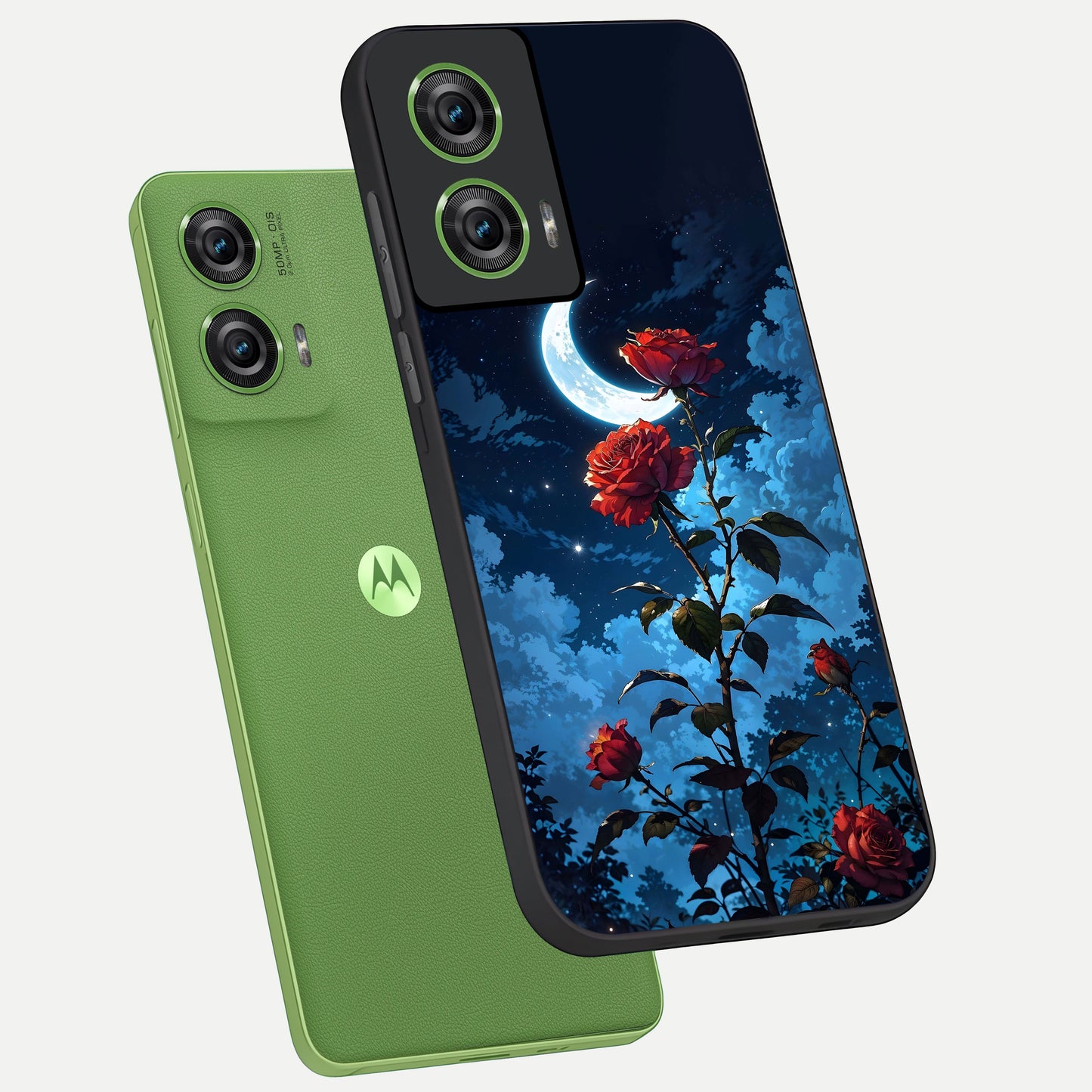  Crimson Rose Moon phone case For Moto Edge 50 Fusion showing premium glass back cover with detailed artwork