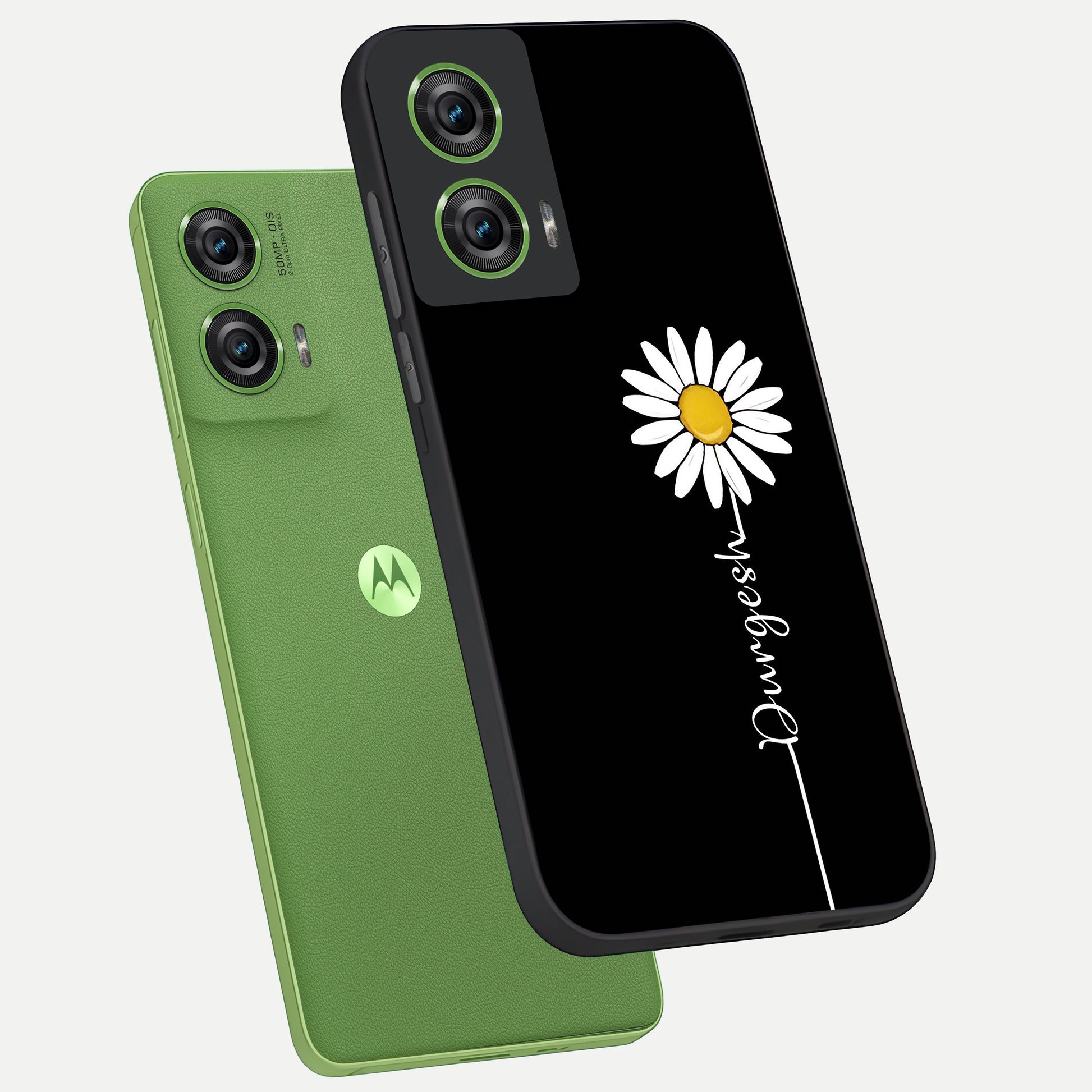  Custom Name White Flower phone case For Moto Edge 50 Fusion showing premium glass back cover with detailed artwork