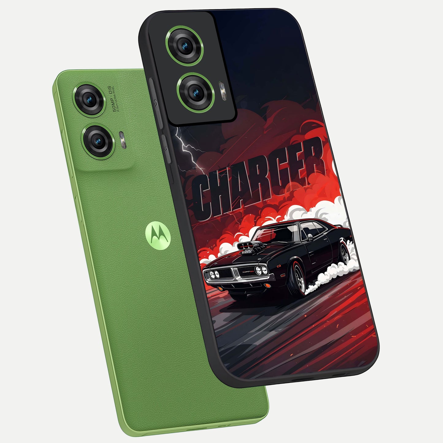  Dark Charger Fury phone case For Moto Edge 50 Fusion showing premium glass back cover with detailed artwork