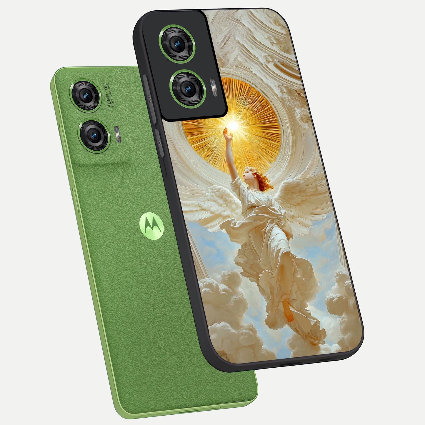 Divine Light Angel phone case For Moto Edge 50 Fusion showing premium glass back cover with detailed artwork