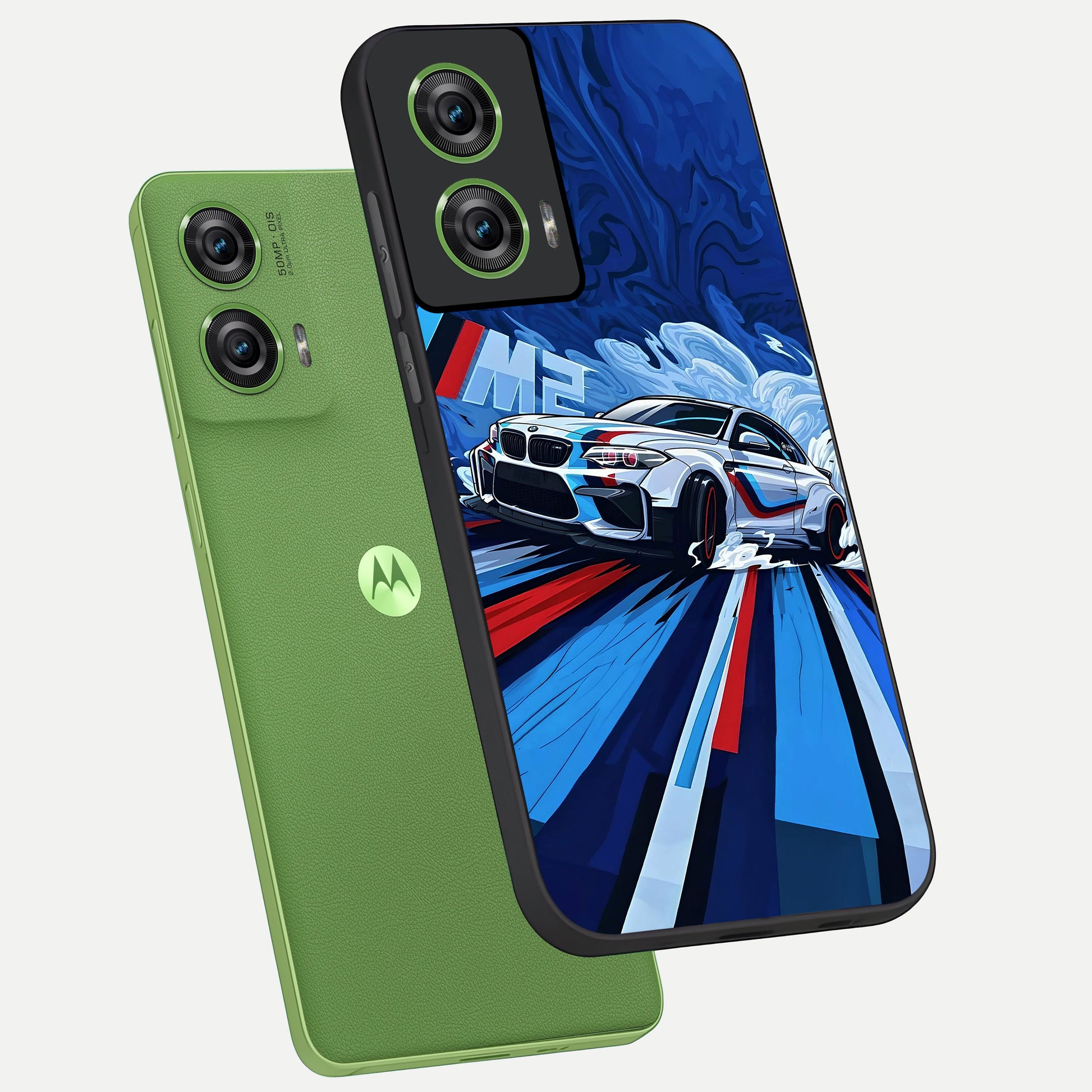  Drift Power Rush phone case For Moto Edge 50 Fusion showing premium glass back cover with detailed artwork