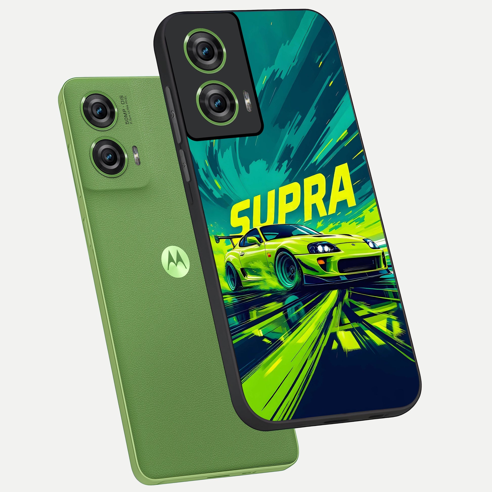  Electric Supra Thunder phone case For Moto Edge 50 Fusion showing premium glass back cover with detailed artwork