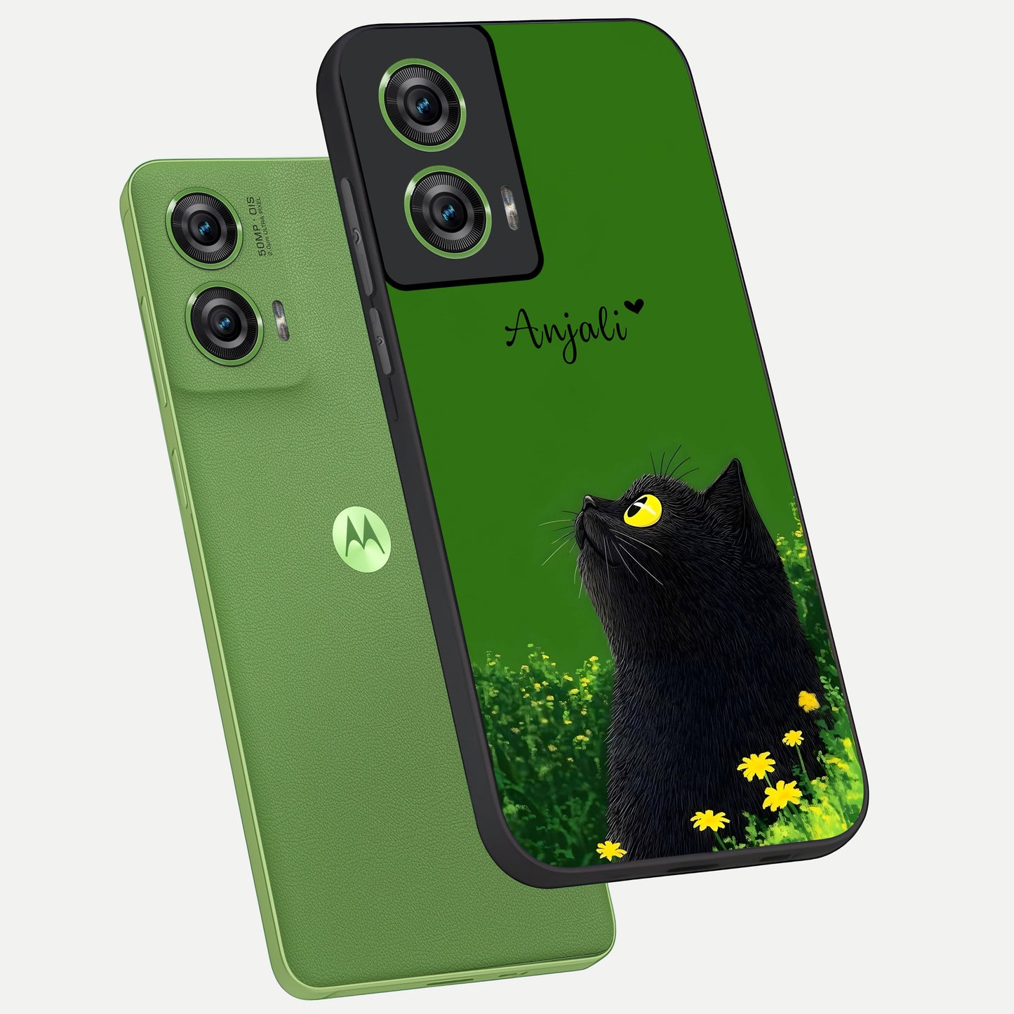 Emerald Cat Custom Name phone case For Moto Edge 50 Fusion showing premium glass back cover with detailed artwork