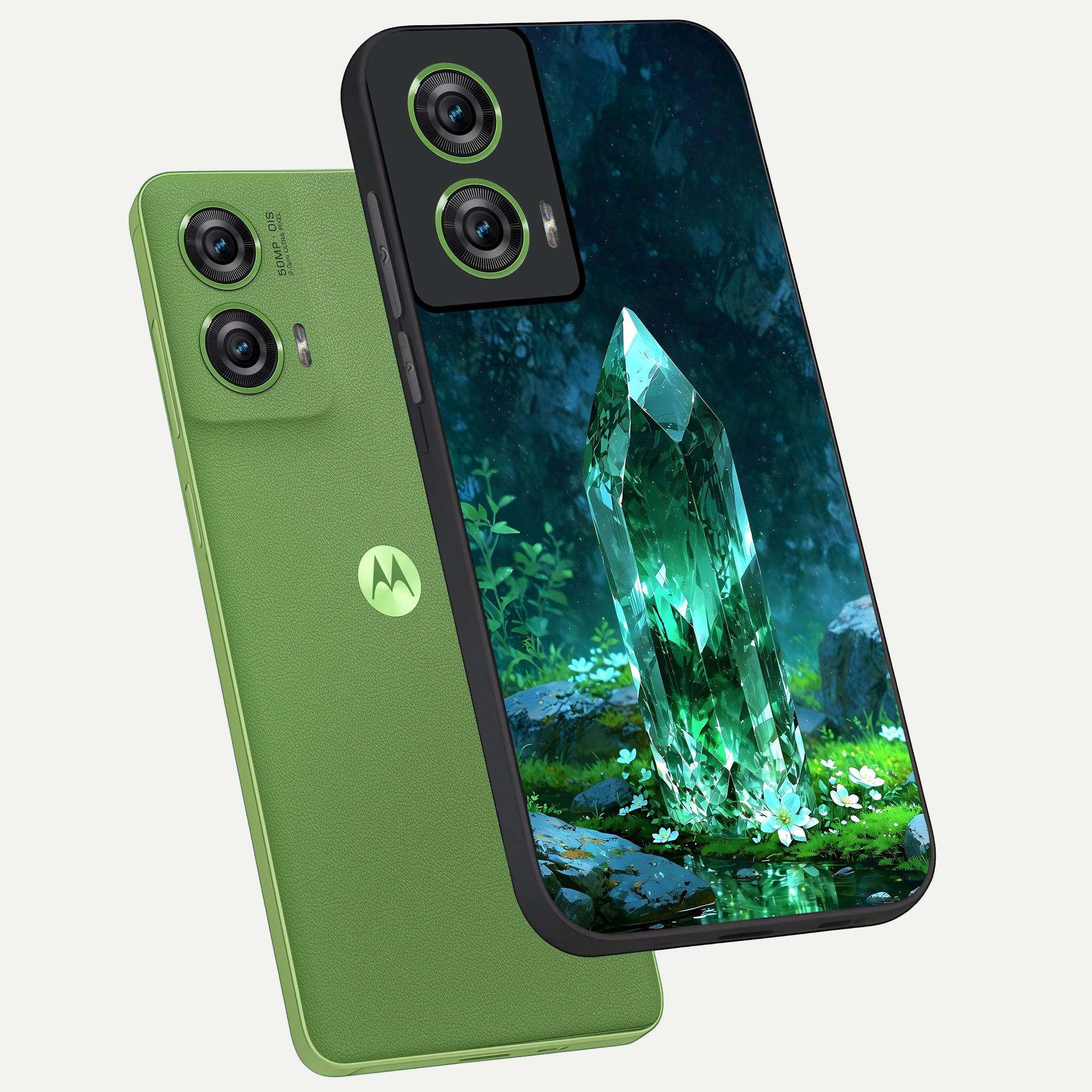  Emerald Light Crystal phone case For Moto Edge 50 Fusion showing premium glass back cover with detailed artwork