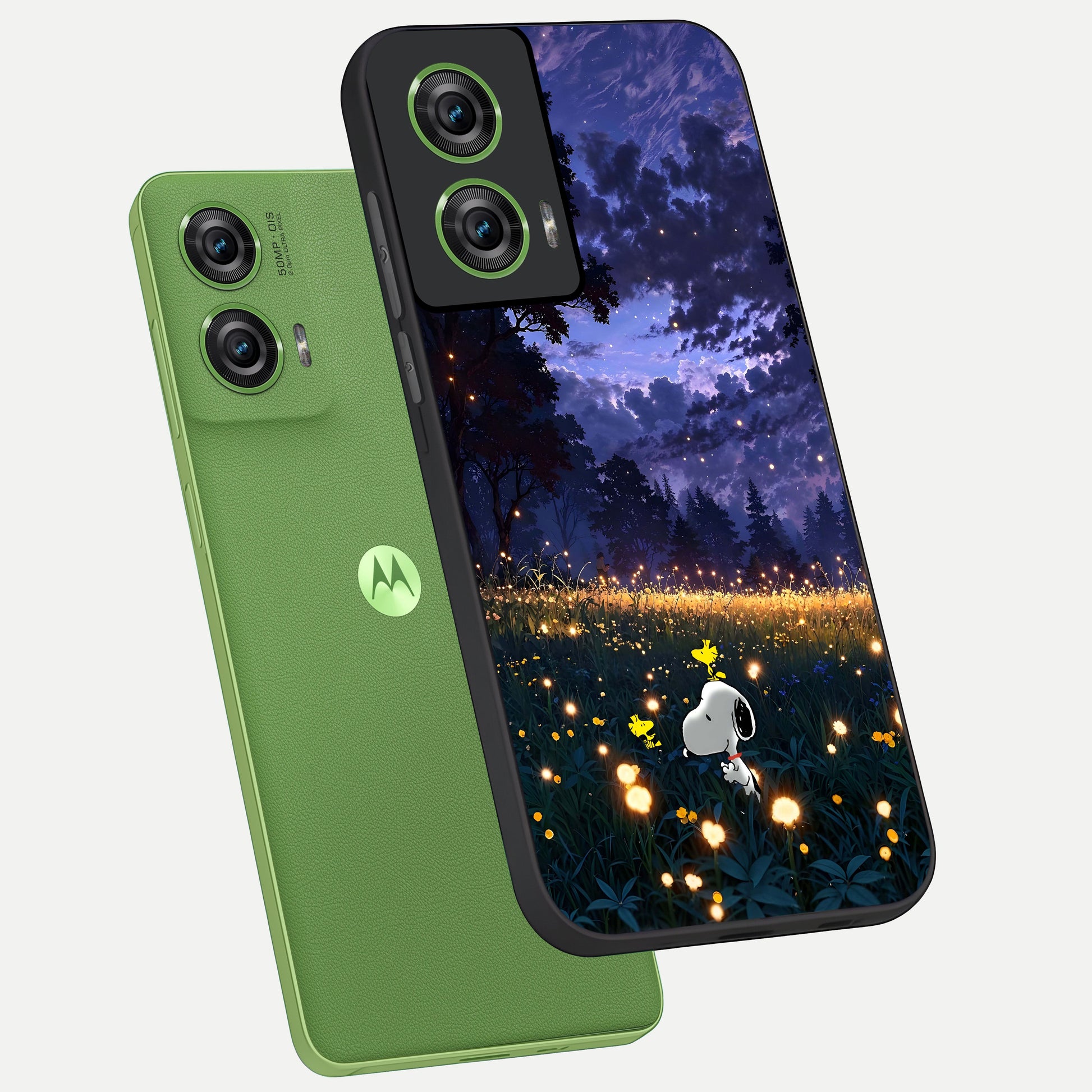  Firefly Meadow Magic phone case For Moto Edge 50 Fusion showing premium glass back cover with detailed artwork
