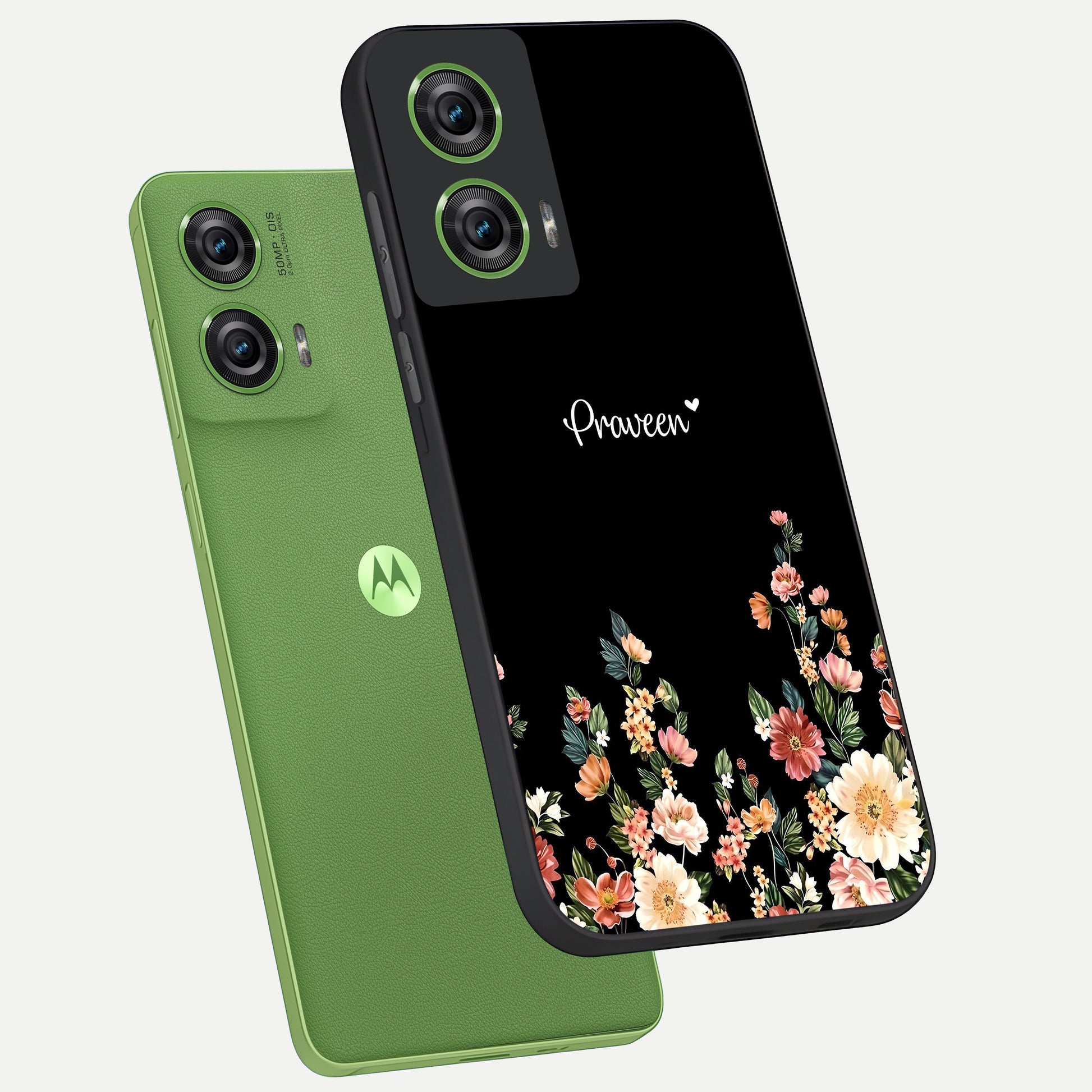  Floral Design Personalized Custom Name phone case For Moto Edge 50 Fusion showing premium glass back cover with detailed artwork