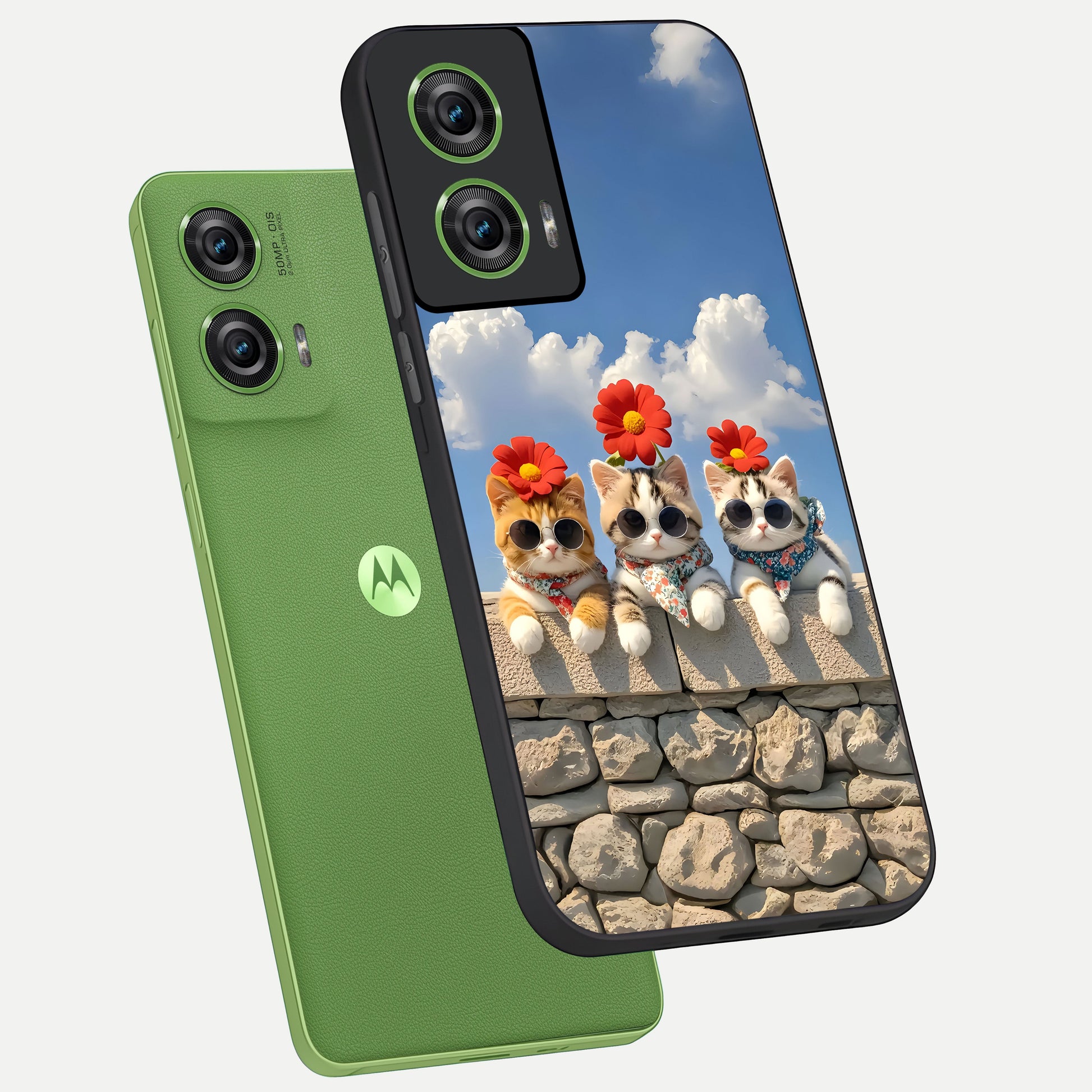  Floral Kitty Squad phone case For Moto Edge 50 Fusion showing premium glass back cover with detailed artwork