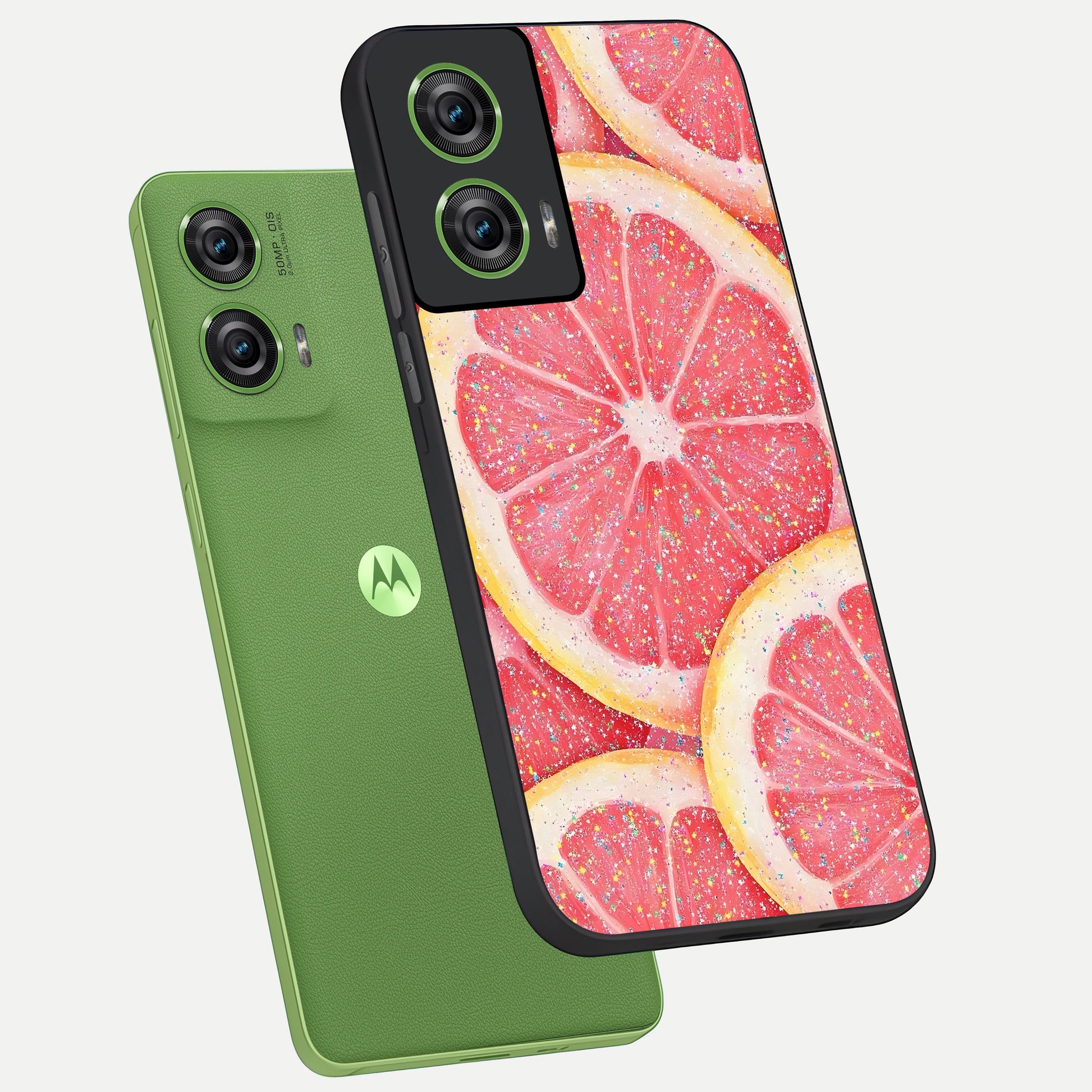  Glitter Grapefruit phone case For Moto Edge 50 Fusion showing premium glass back cover with detailed artwork