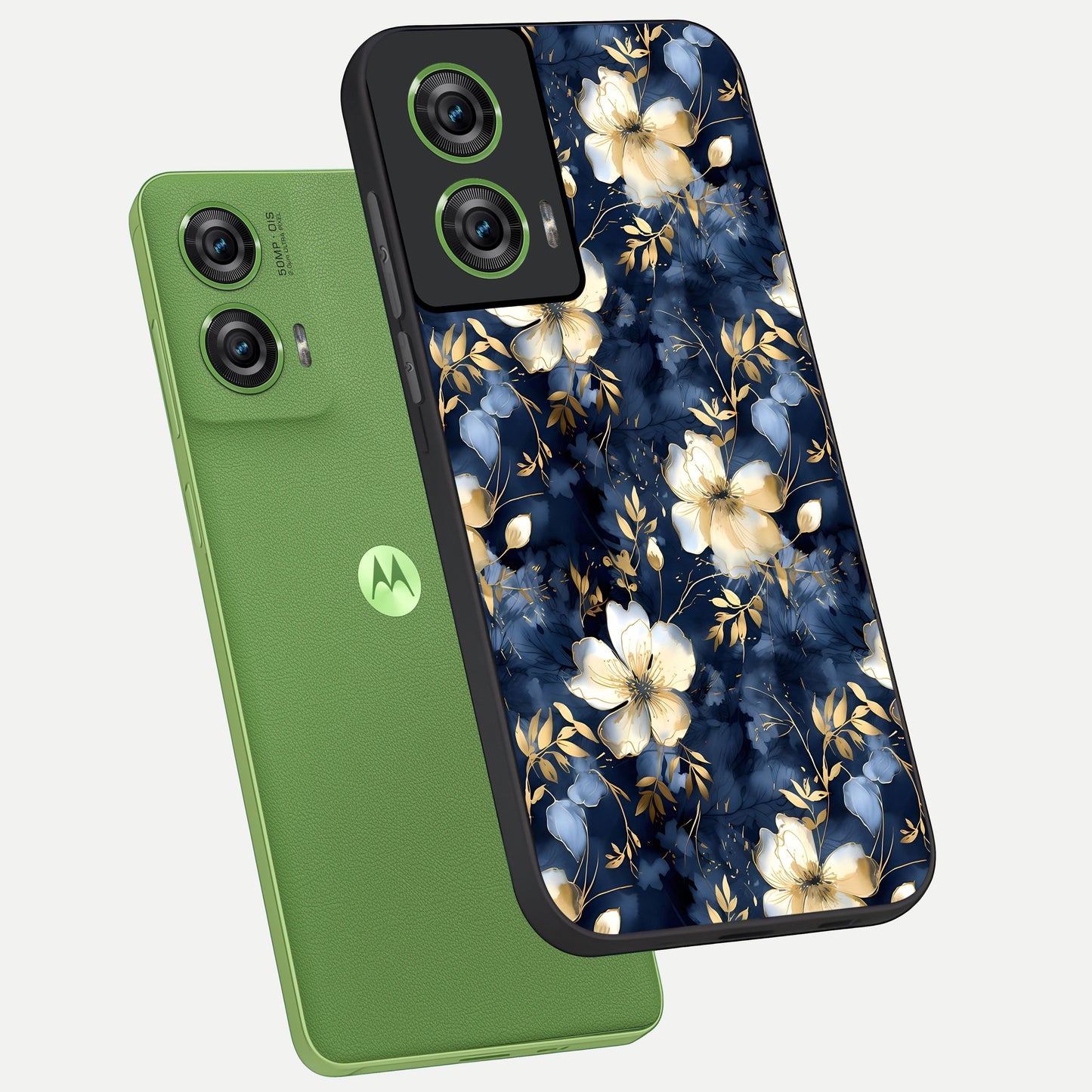  Golden Midnight Bloom phone case For Moto Edge 50 Fusion showing premium glass back cover with detailed artwork