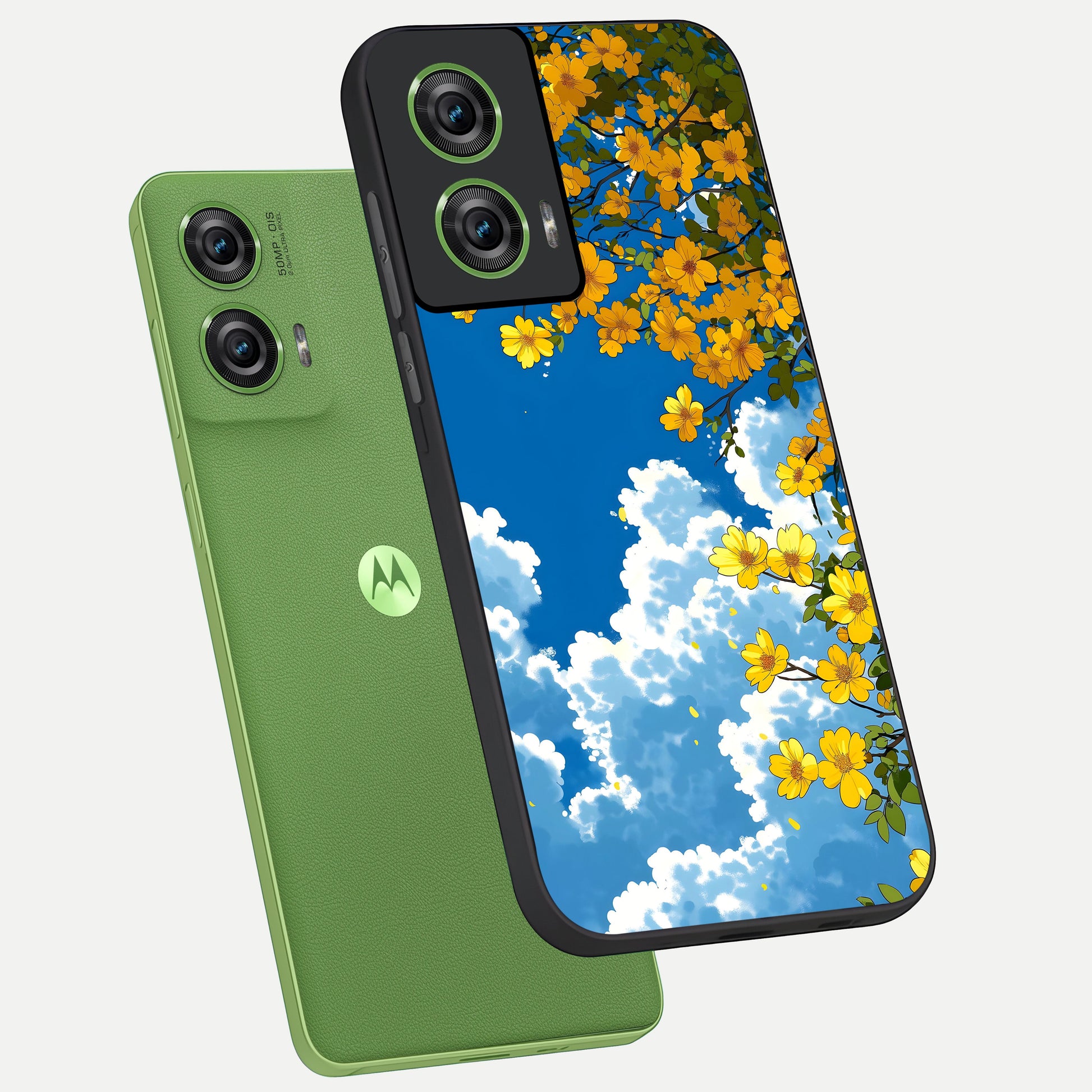  Golden Petal Sky phone case For Moto Edge 50 Fusion showing premium glass back cover with detailed artwork