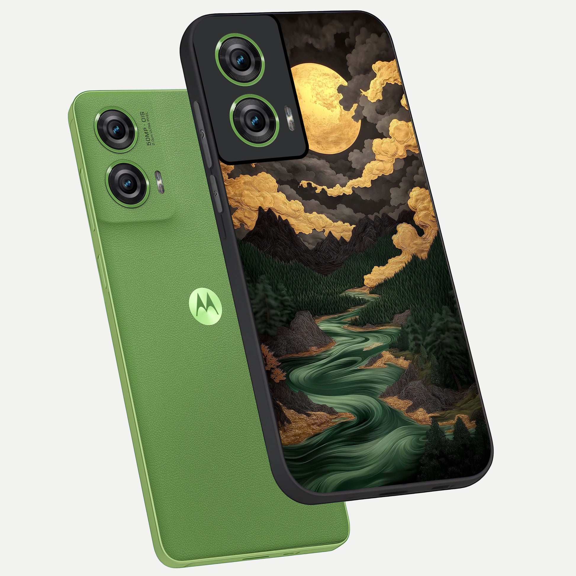 Golden River Moon phone case For Moto Edge 50 Fusion showing premium glass back cover with detailed artwork