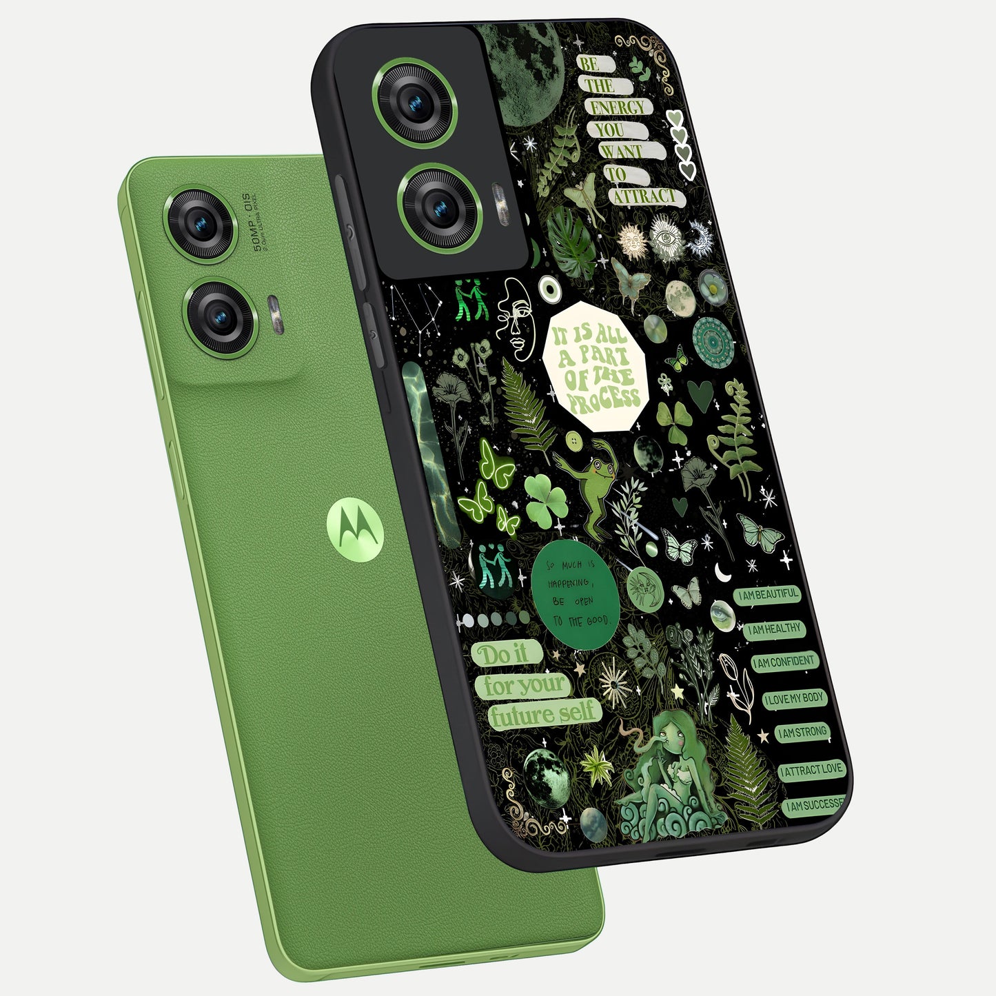 Green Mandala Pattern phone case For Moto Edge 50 Fusion showing premium glass back cover with detailed artwork