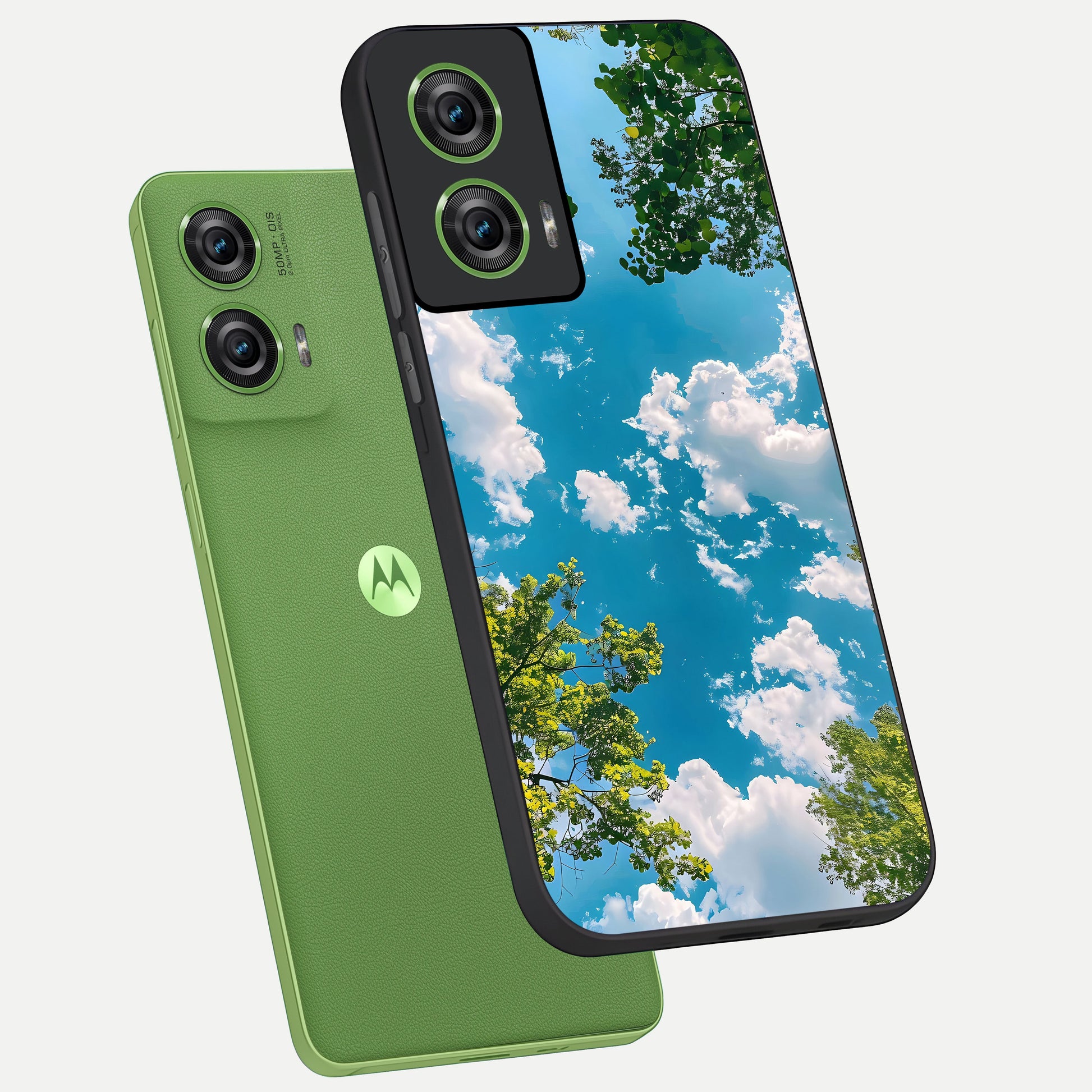  Green Moon Energy phone case For Moto Edge 50 Fusion showing premium glass back cover with detailed artwork