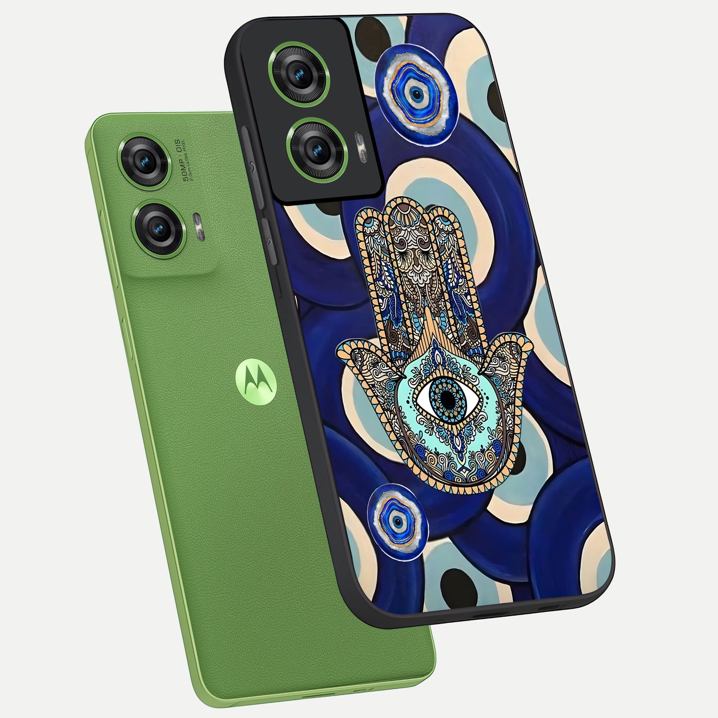  Hamsa Divine Guard phone case For Moto Edge 50 Fusion showing premium glass back cover with detailed artwork