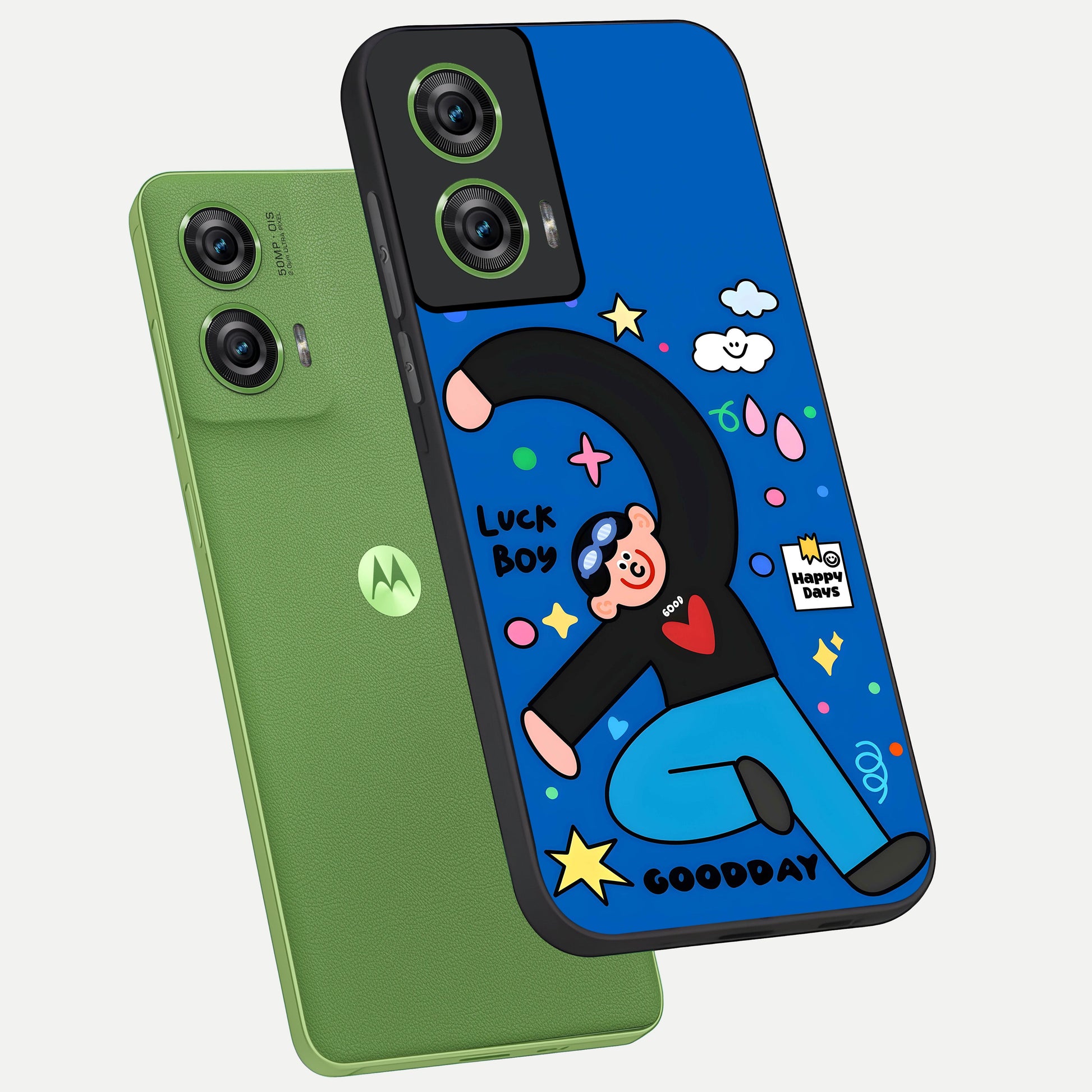  Happy Luck Vibe phone case For Moto Edge 50 Fusion showing premium glass back cover with detailed artwork