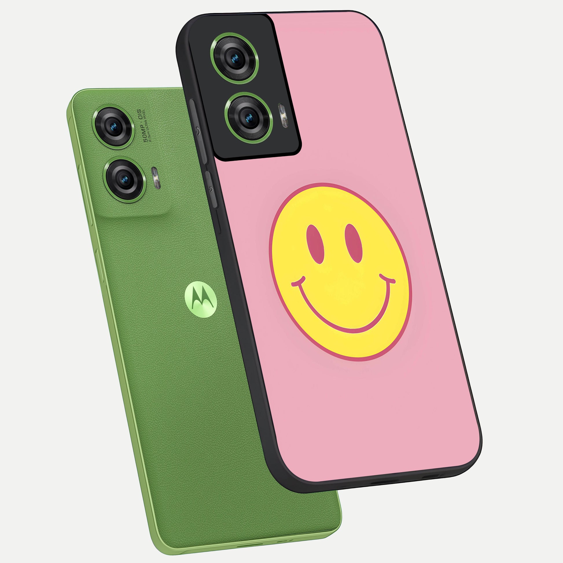  Happy Pink Mood phone case For Moto Edge 50 Fusion showing premium glass back cover with detailed artwork