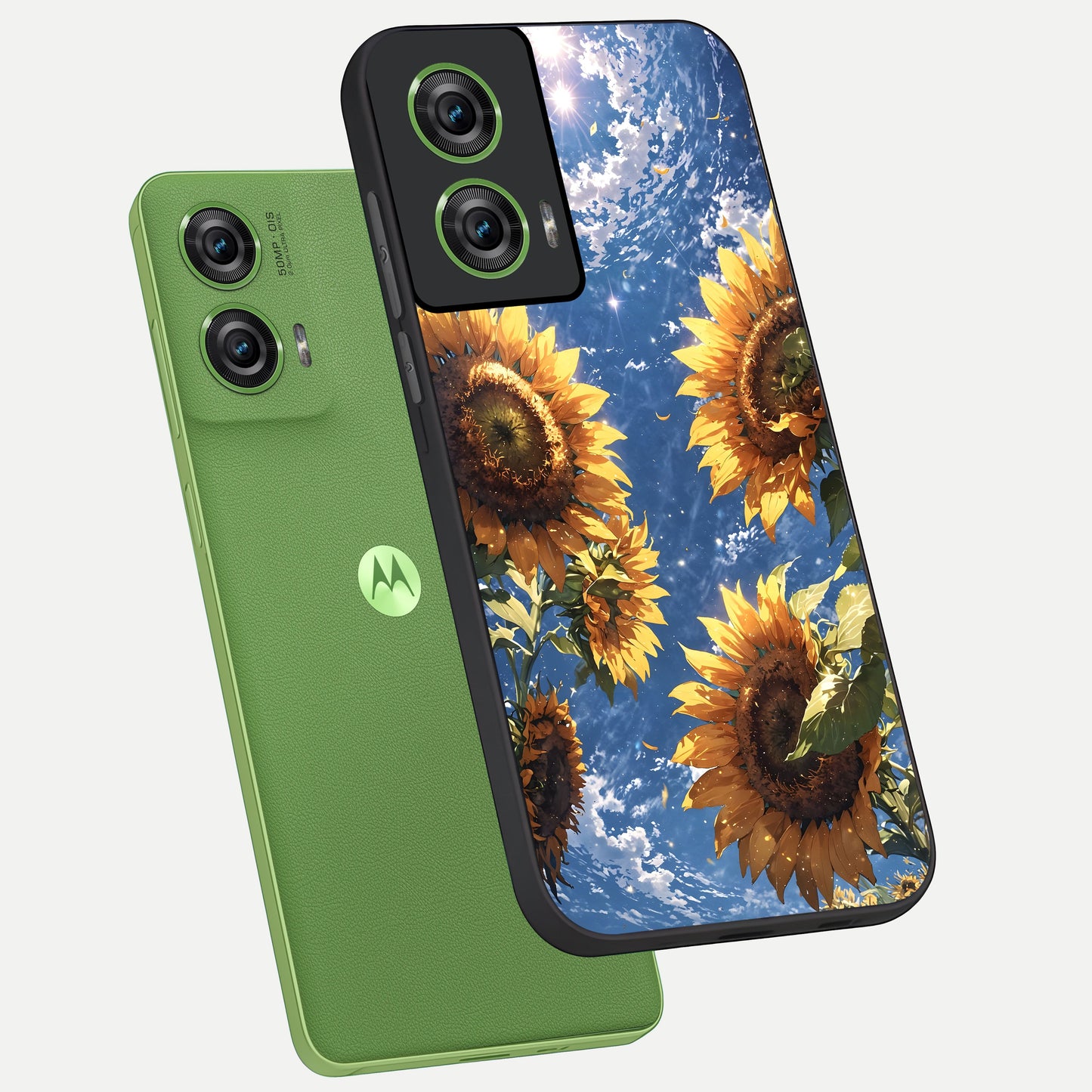  Heavenly Sunflower Rise phone case For Moto Edge 50 Fusion showing premium glass back cover with detailed artwork