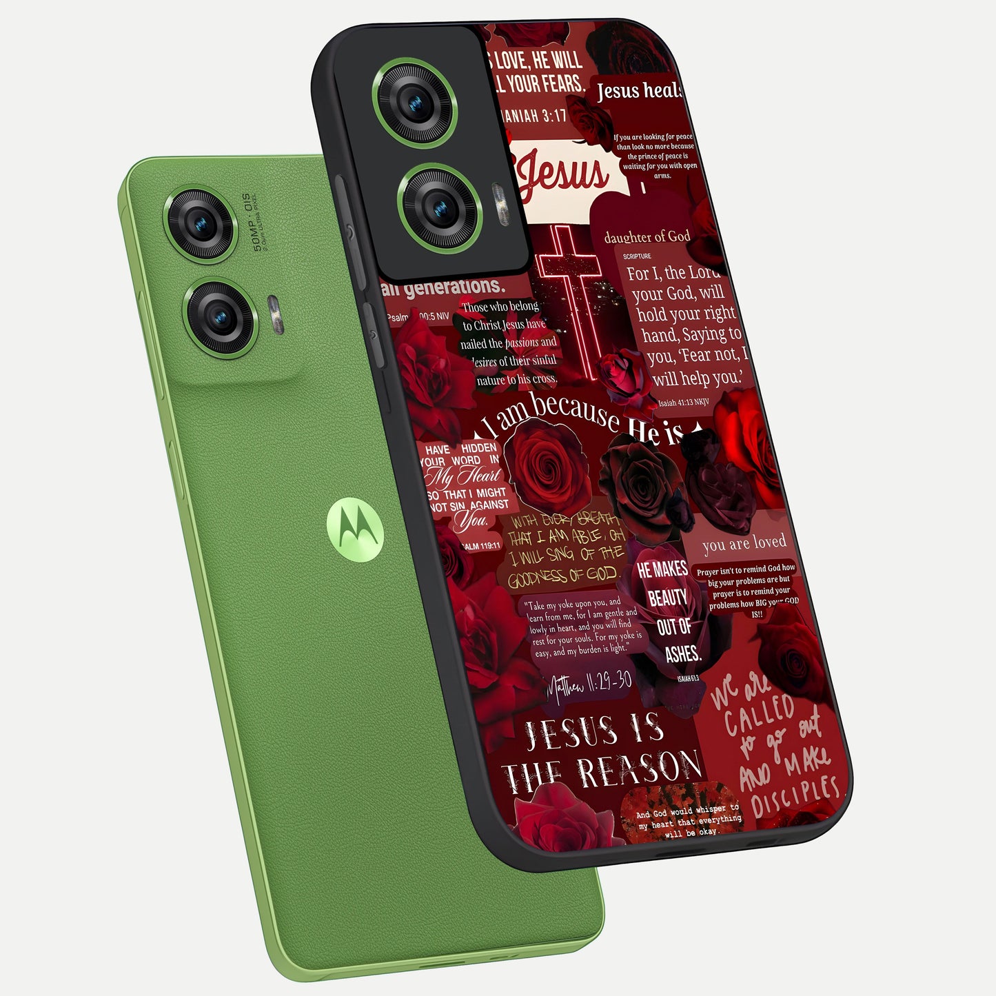  Jesus Love Heals phone case For Moto Edge 50 Fusion showing premium glass back cover with detailed artwork