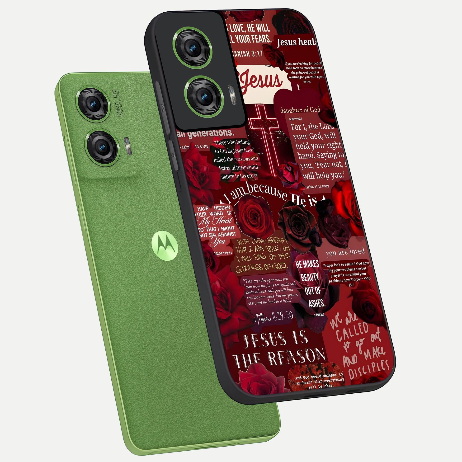  Jesus Love Heals phone case For Moto Edge 50 Fusion showing premium glass back cover with detailed artwork