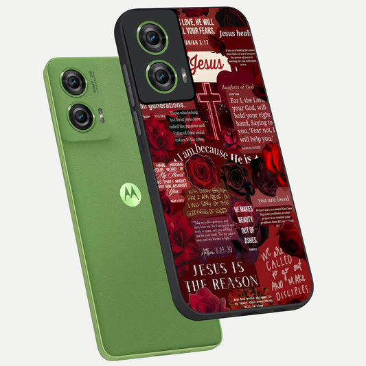  Jesus Love Heals phone case For Moto Edge 50 Fusion showing premium glass back cover with detailed artwork