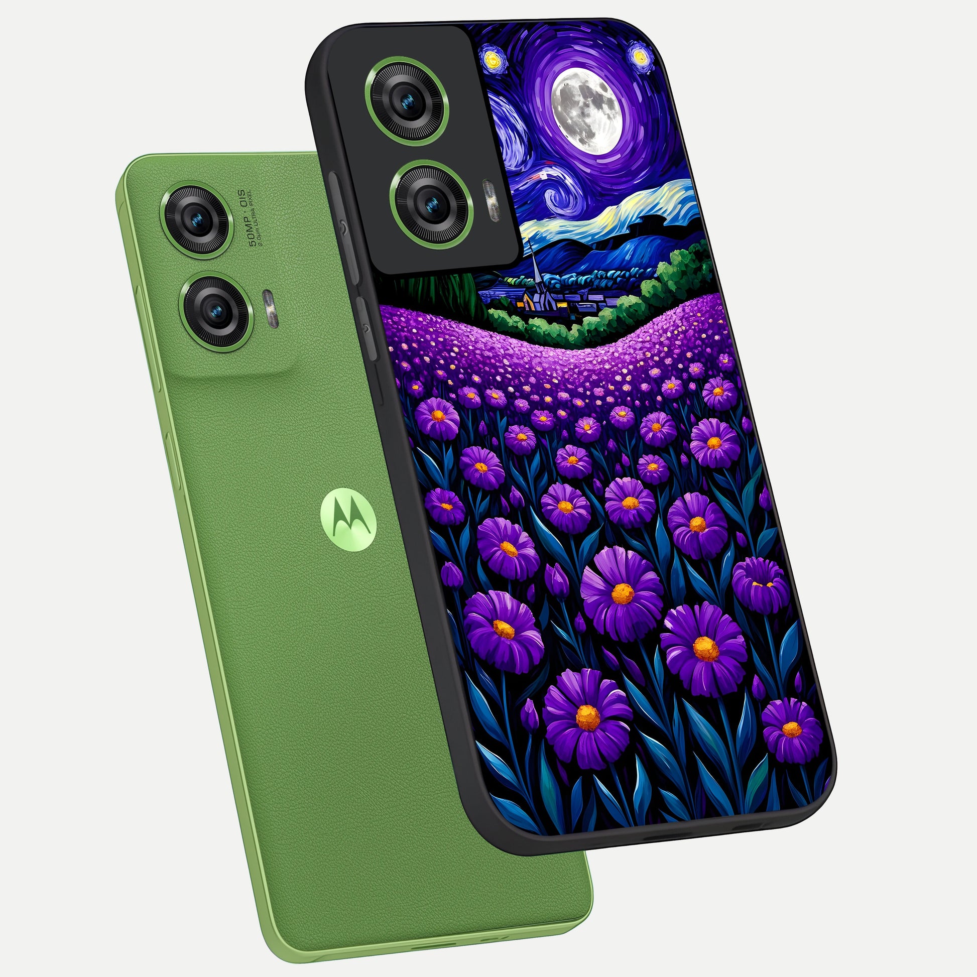  Lavender Moon Field phone case For Moto Edge 50 Fusion showing premium glass back cover with detailed artwork