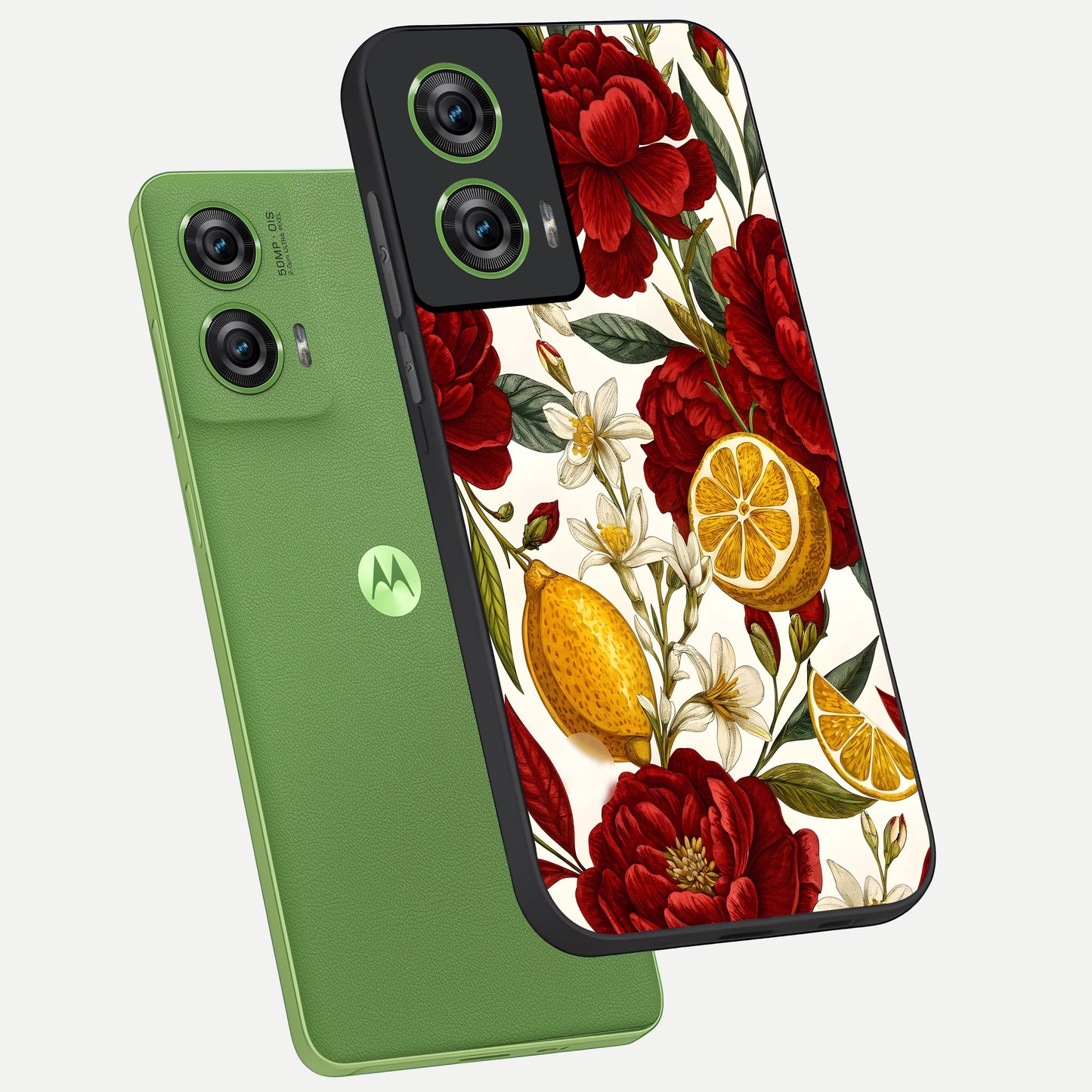  Lemon Rose Charm phone case For Moto Edge 50 Fusion showing premium glass back cover with detailed artwork