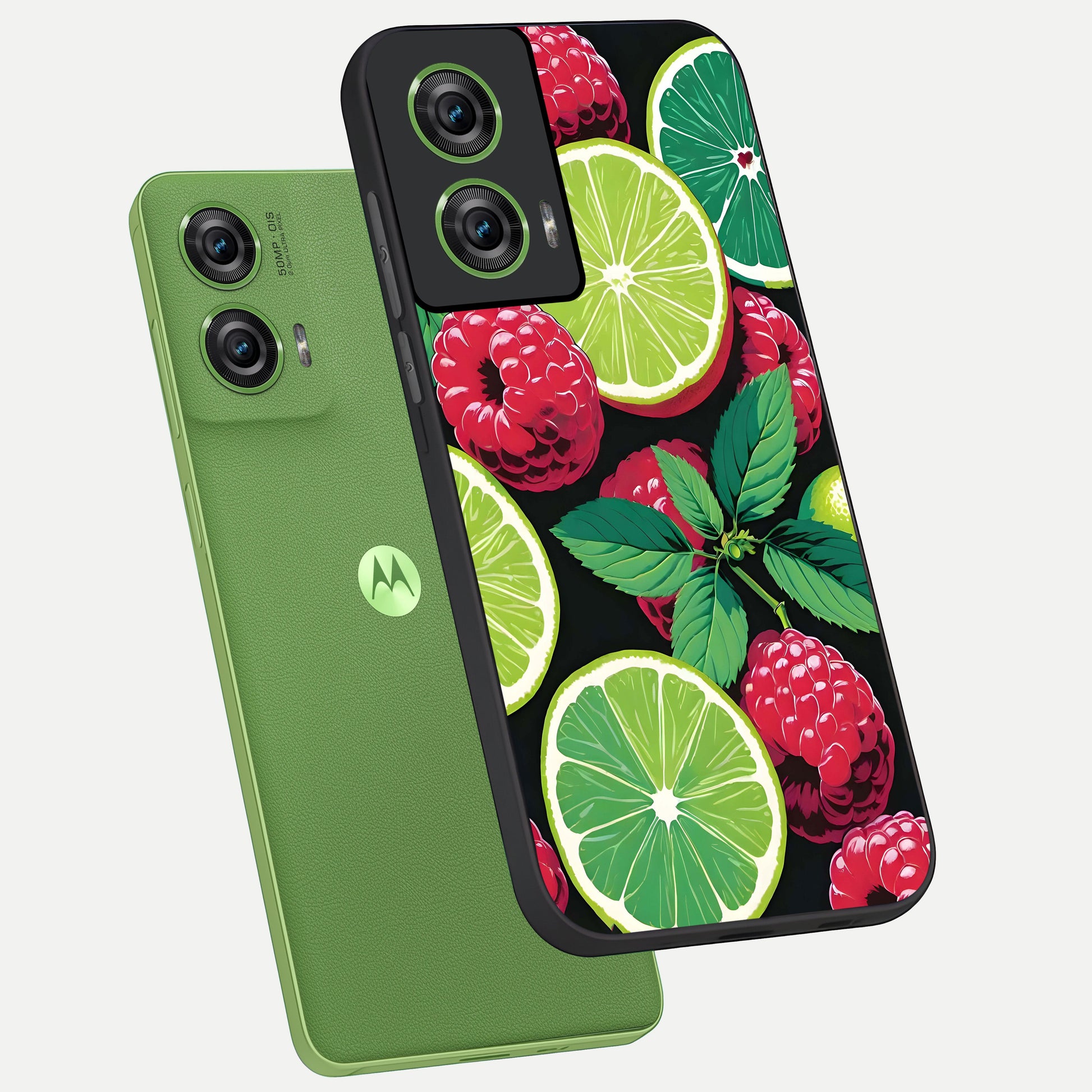  Lime and Raspberry Pattern phone case For Moto Edge 50 Fusion showing premium glass back cover with detailed artwork
