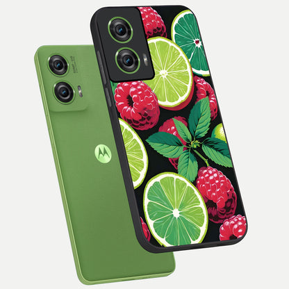 Lime and Raspberry Pattern phone case For Moto Edge 50 Fusion showing premium glass back cover with detailed artwork