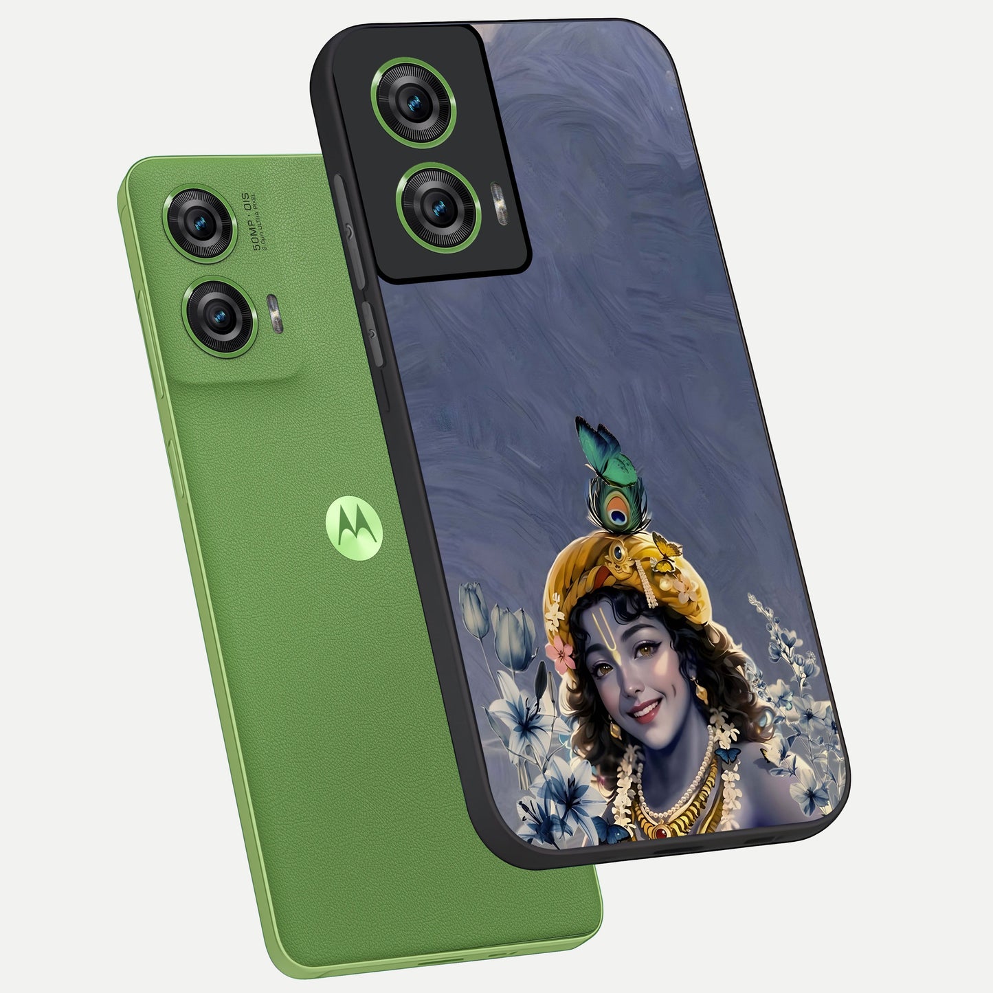  Lord Krishna phone case For Moto Edge 50 Fusion showing premium glass back cover with detailed artwork