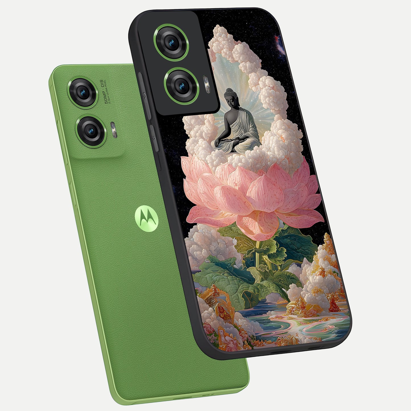  Lotus Divine Peace phone case For Moto Edge 50 Fusion showing premium glass back cover with detailed artwork