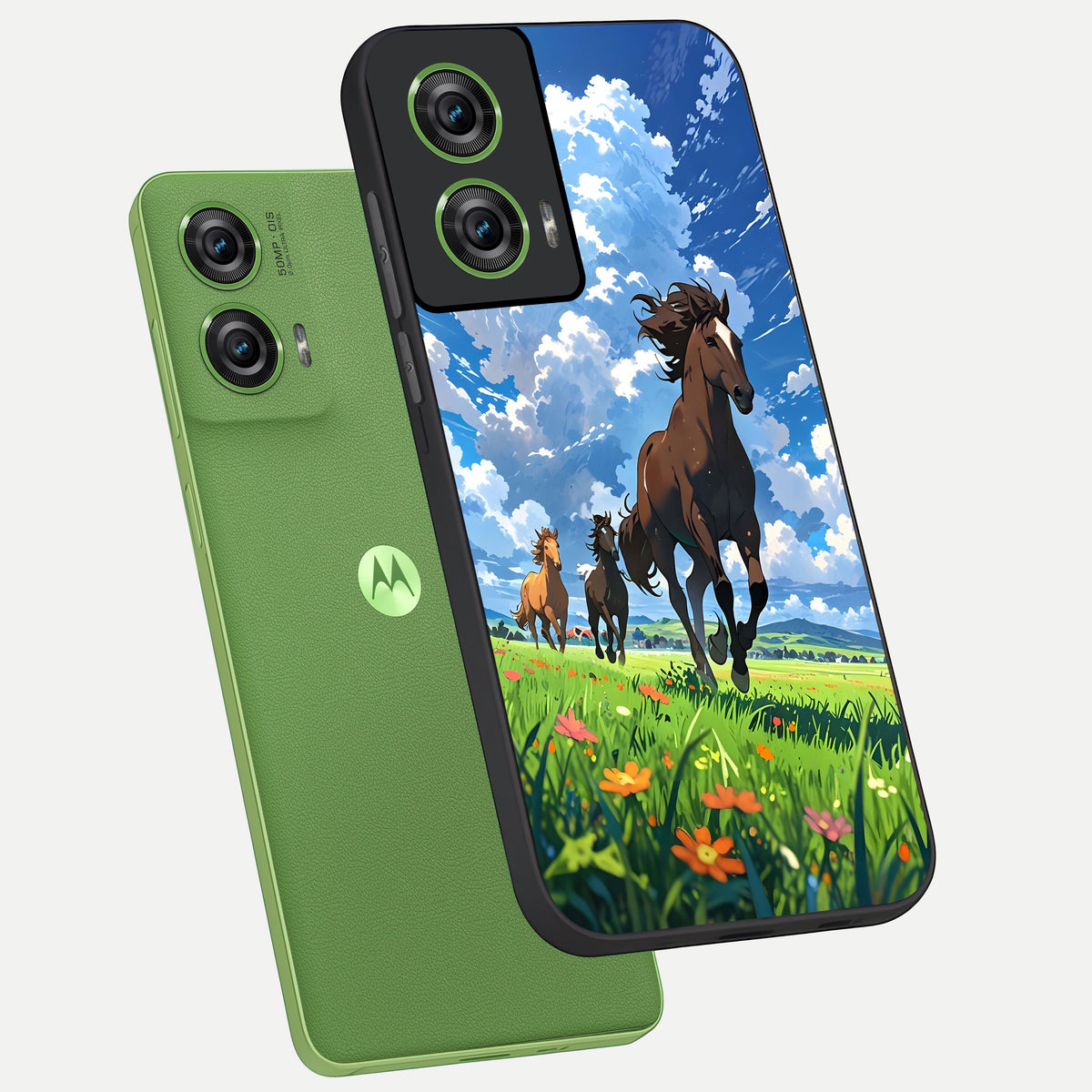  Majestic Horses Galloping phone case For Moto Edge 50 Fusion showing premium glass back cover with detailed artwork