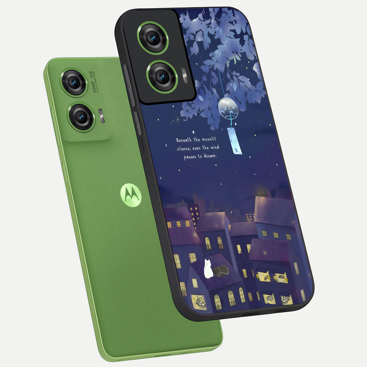  Moonlit Cat Silence phone case For Moto Edge 50 Fusion showing premium glass back cover with detailed artwork