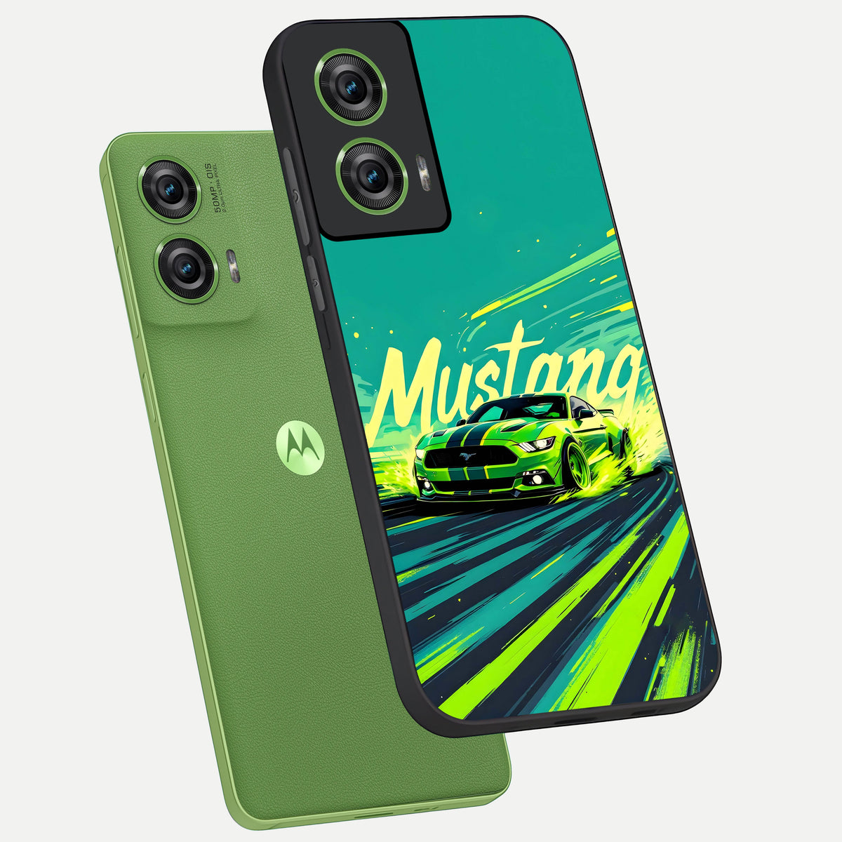  Mustang Bang phone case For Moto Edge 50 Fusion showing premium glass back cover with detailed artwork