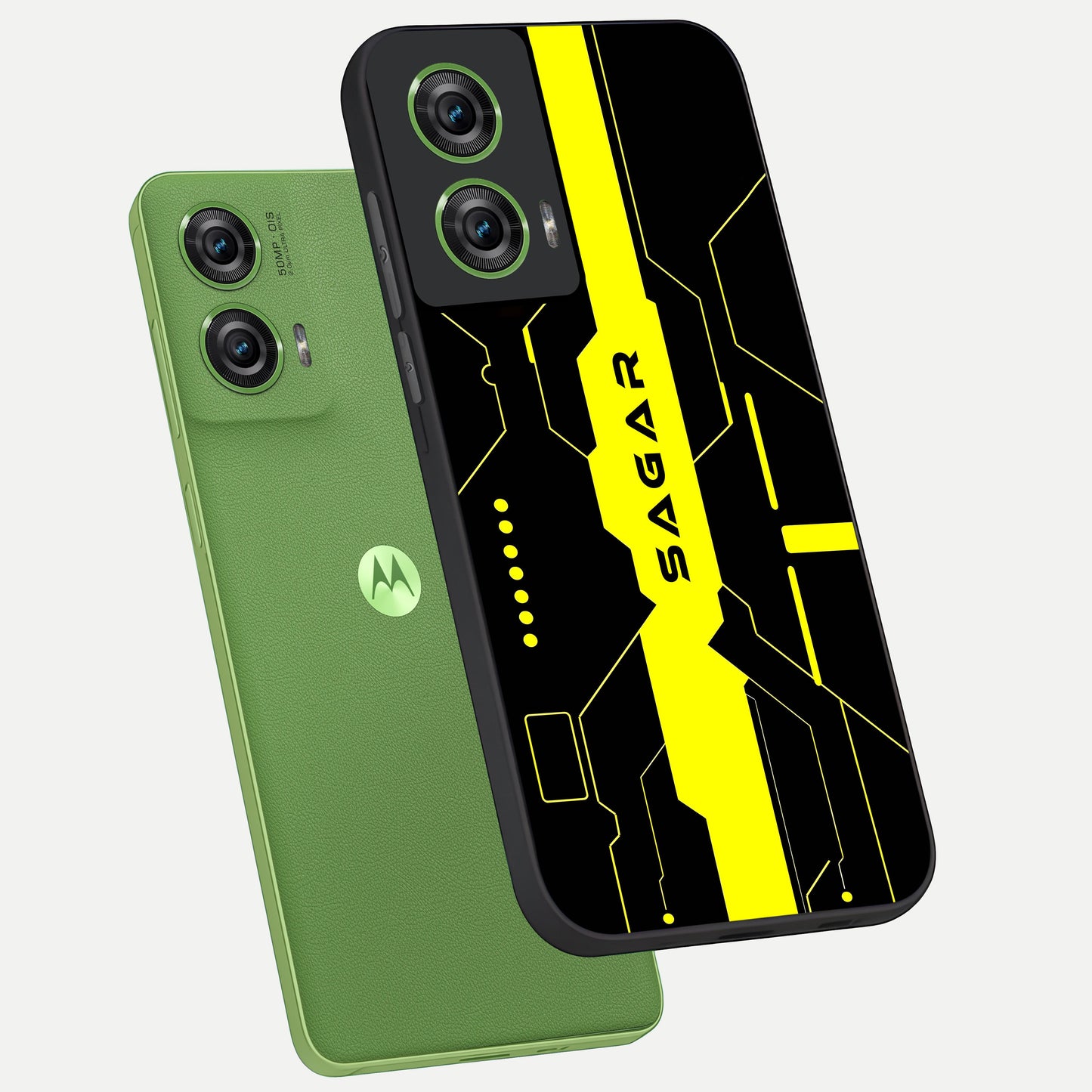  Neon CYBERPUNK Custom Name phone case For Moto Edge 50 Fusion showing premium glass back cover with detailed artwork