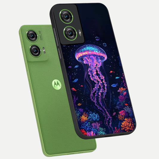  Neon Jellyfish phone case For Moto Edge 50 Fusion showing premium glass back cover with detailed artwork