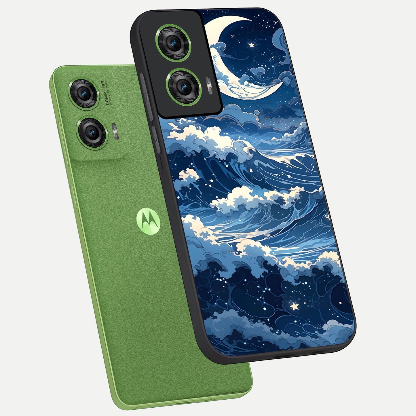  Ocean Moon Waves phone case For Moto Edge 50 Fusion showing premium glass back cover with detailed artwork