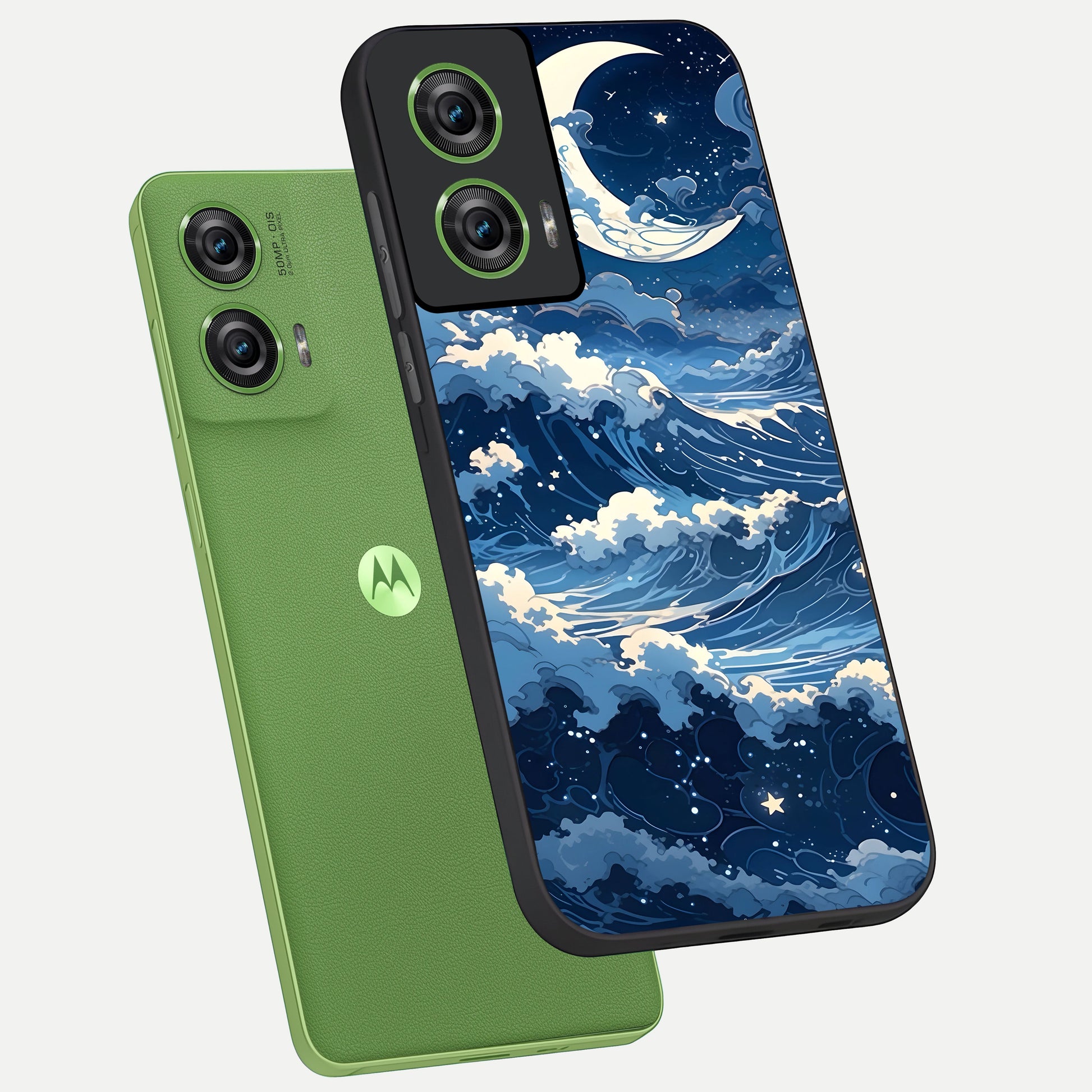  Ocean Moon Waves phone case For Moto Edge 50 Fusion showing premium glass back cover with detailed artwork