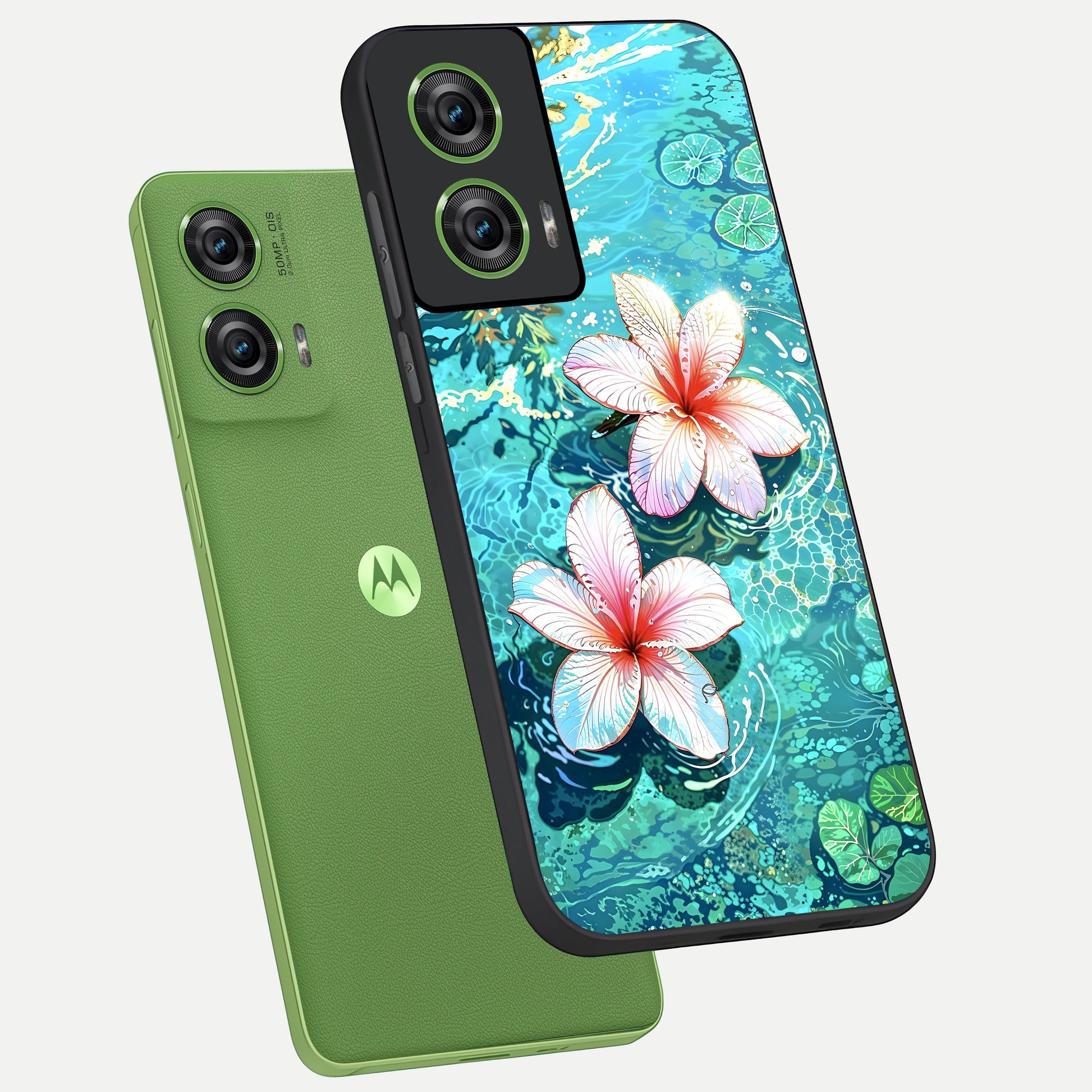  Pink Flowers in Water phone case For Moto Edge 50 Fusion showing premium glass back cover with detailed artwork