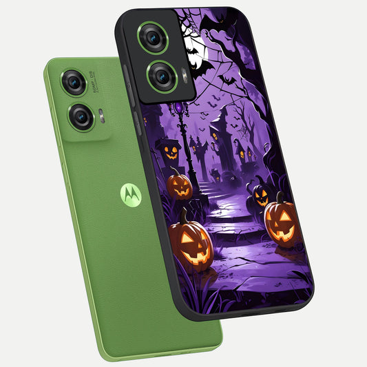  Pumpkin Patch Halloween phone case For Moto Edge 50 Fusion showing premium glass back cover with detailed artwork