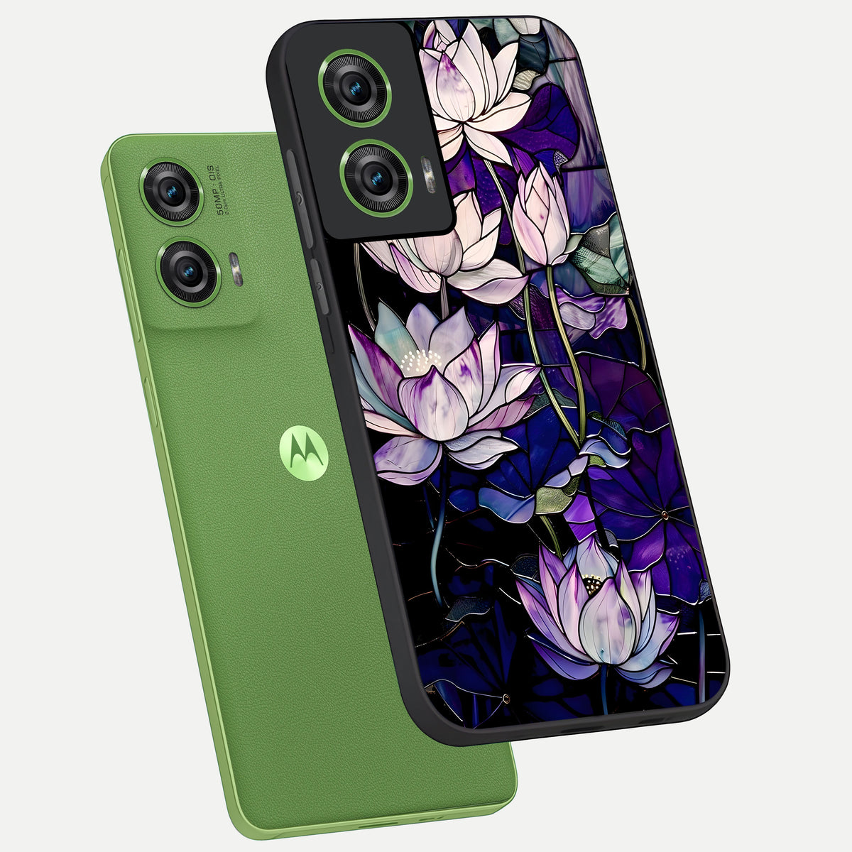  Purple Lotus Pattern phone case For Moto Edge 50 Fusion showing premium glass back cover with detailed artwork