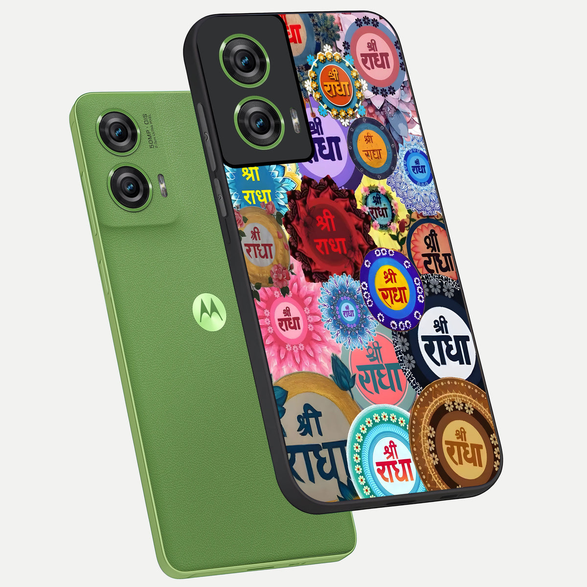  Radha Divine Bloom phone case For Moto Edge 50 Fusion showing premium glass back cover with detailed artwork