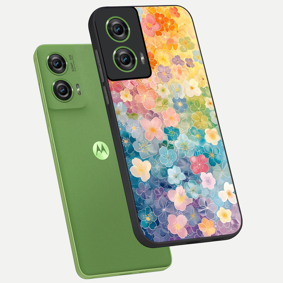  Rainbow Blossom Burst phone case For Moto Edge 50 Fusion showing premium glass back cover with detailed artwork