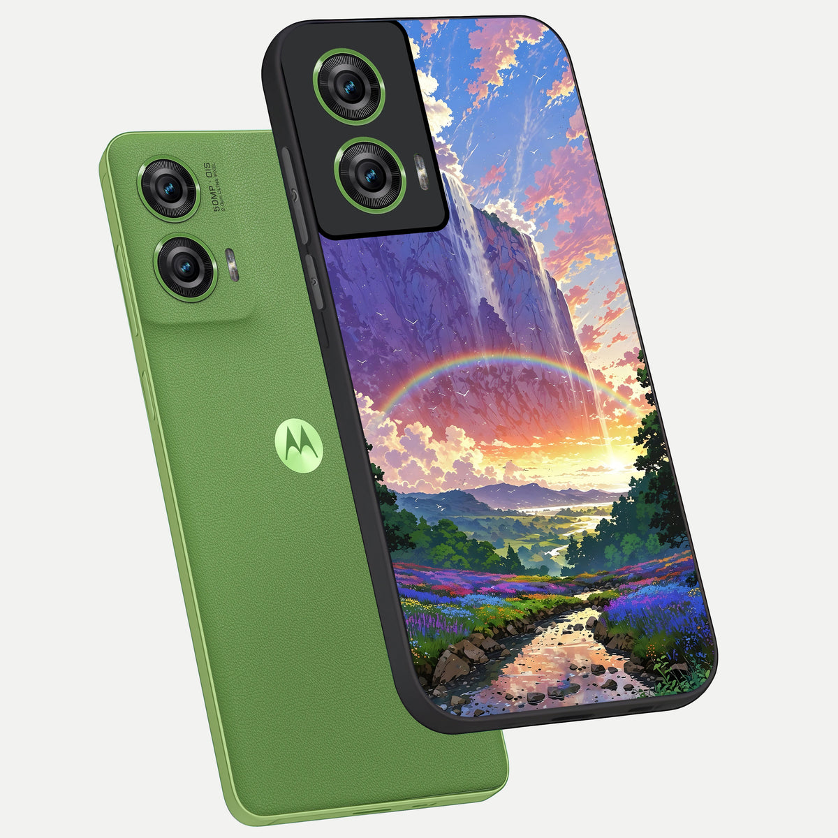  Rainbow Valley Dream phone case For Moto Edge 50 Fusion showing premium glass back cover with detailed artwork
