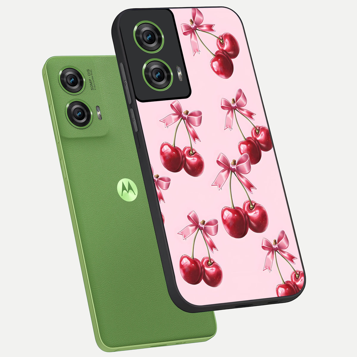  Red Cherries Pattern phone case For Moto Edge 50 Fusion showing premium glass back cover with detailed artwork