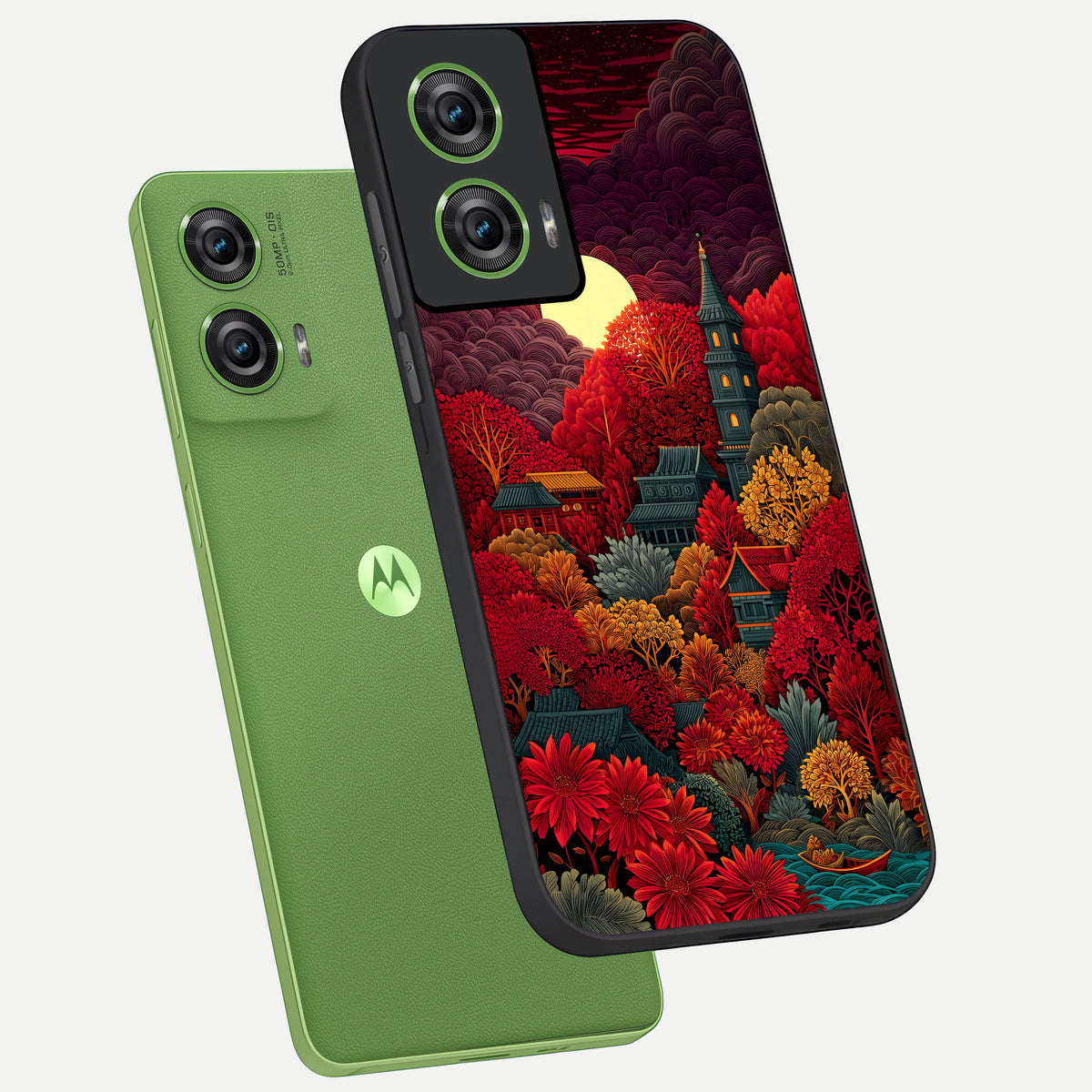  Scarlet Autumn Temple phone case For Moto Edge 50 Fusion showing premium glass back cover with detailed artwork