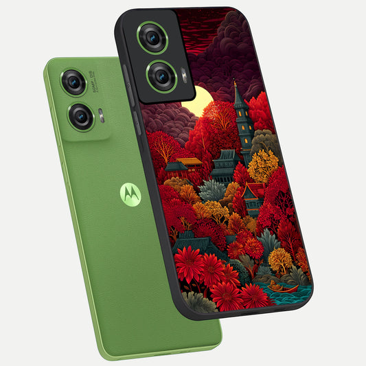  Scarlet Autumn Temple phone case For Moto Edge 50 Fusion showing premium glass back cover with detailed artwork