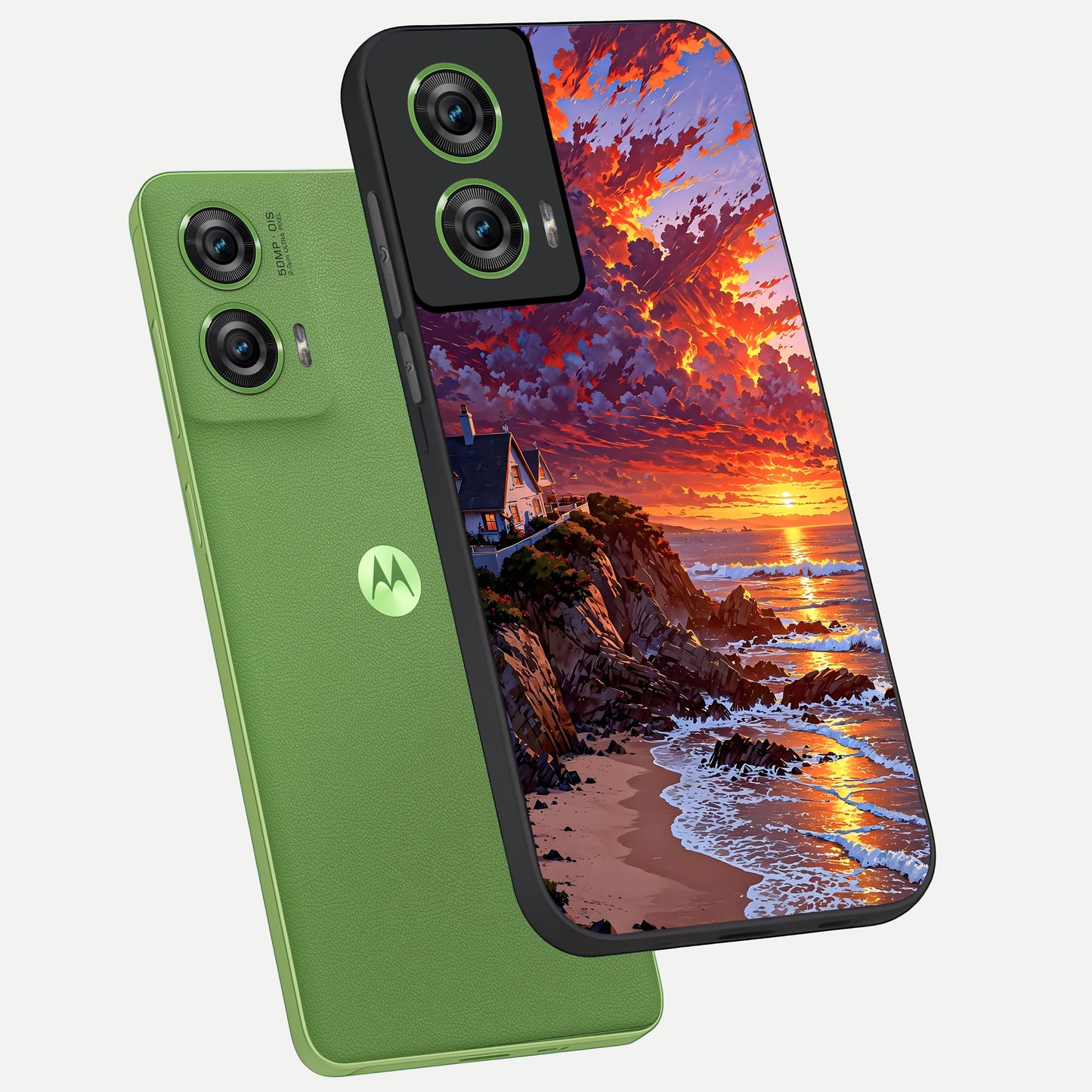  Sunset House By Sea phone case For Moto Edge 50 Fusion showing premium glass back cover with detailed artwork